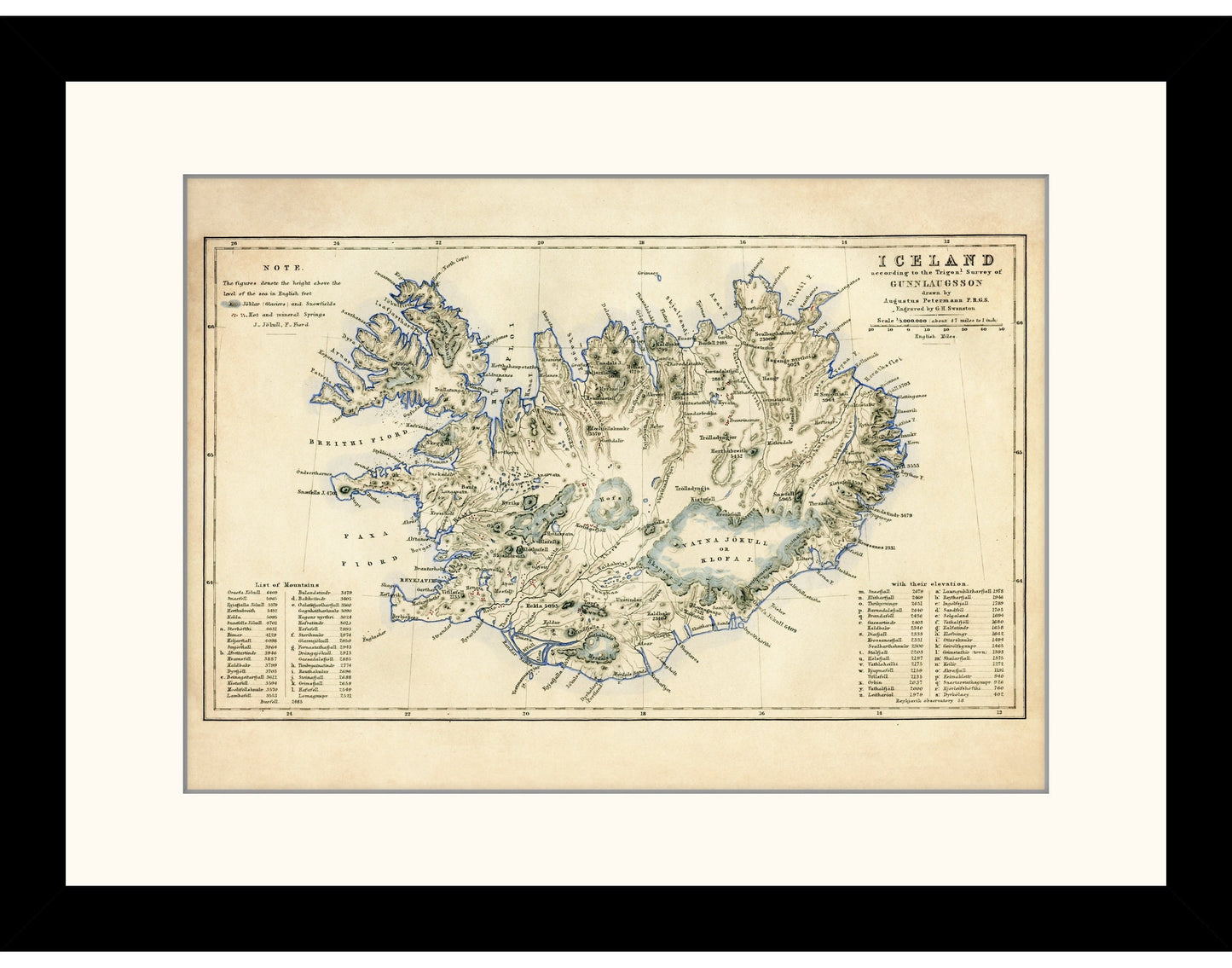 Iceland Map with Glaciers, Snowfields, Hotsprings, Mineral Springs, Mountains