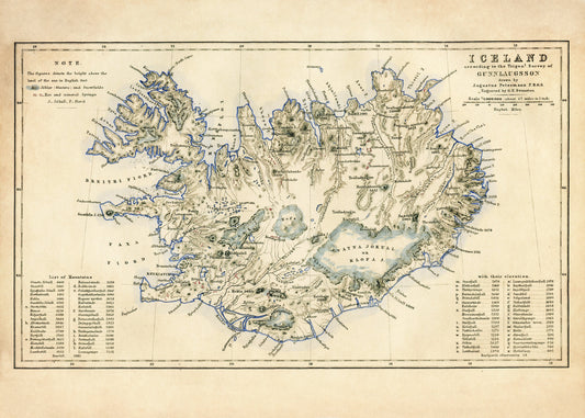 Iceland Map with Glaciers, Snowfields, Hotsprings, Mineral Springs, Mountains