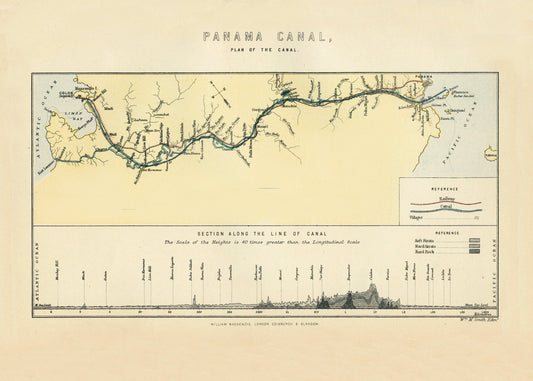 Plan of the Panama Canal showing railways, villages and rock sections along the canal