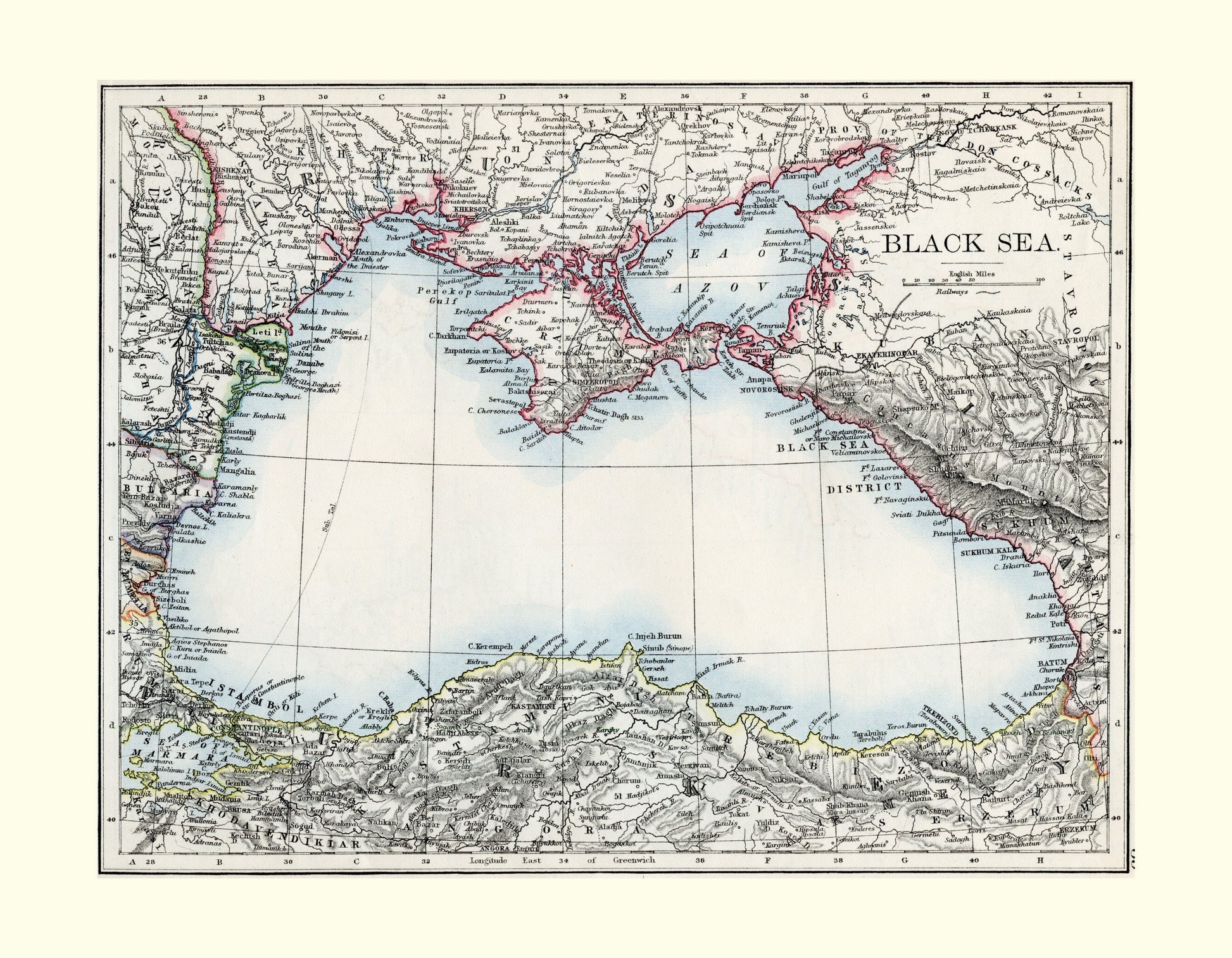 Black Sea Map - Antique Reproduction - Ukraine, Russia, Turkey, Georgia, Bulgaria, Romania - Available Framed