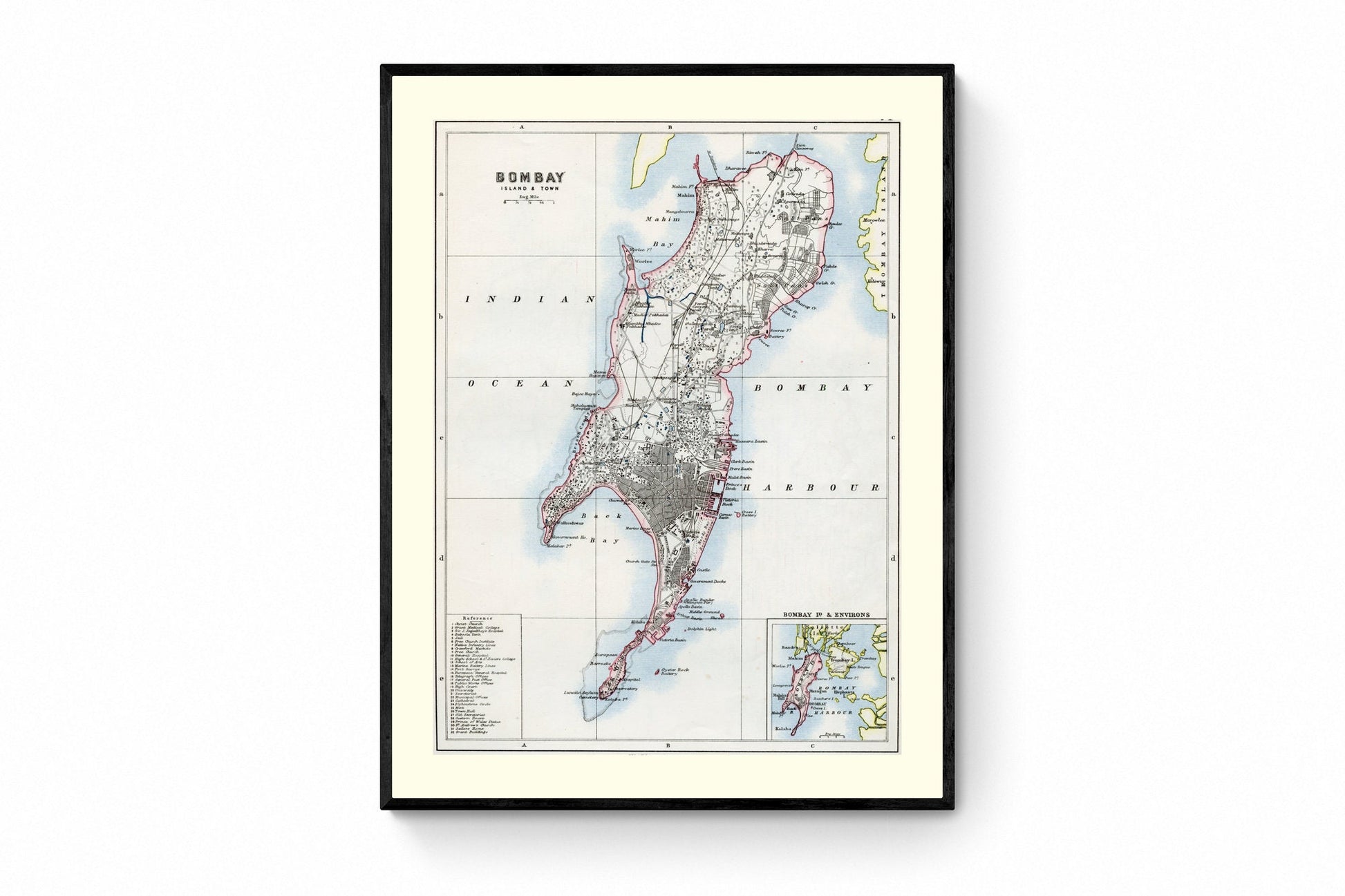 Bombay (Island and Town) Map - Antique Reproduction - Mumbai City Map - India - Available Framed