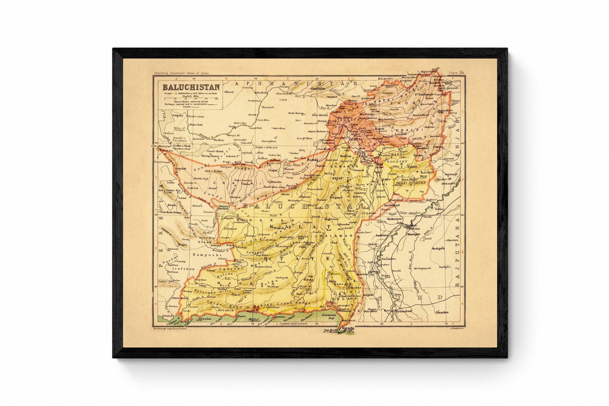 Baluchistan Map - Antique Reproduction - Balochistan - Pakistan - Afghanistan - Iran - 1908 Map - Available Framed