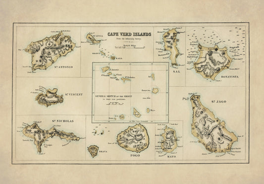 Cape Verde Map - Antique Reproduction - Cabo Verde - Antique from 1871 - Cape Verde Island Archipelago - Available Framed