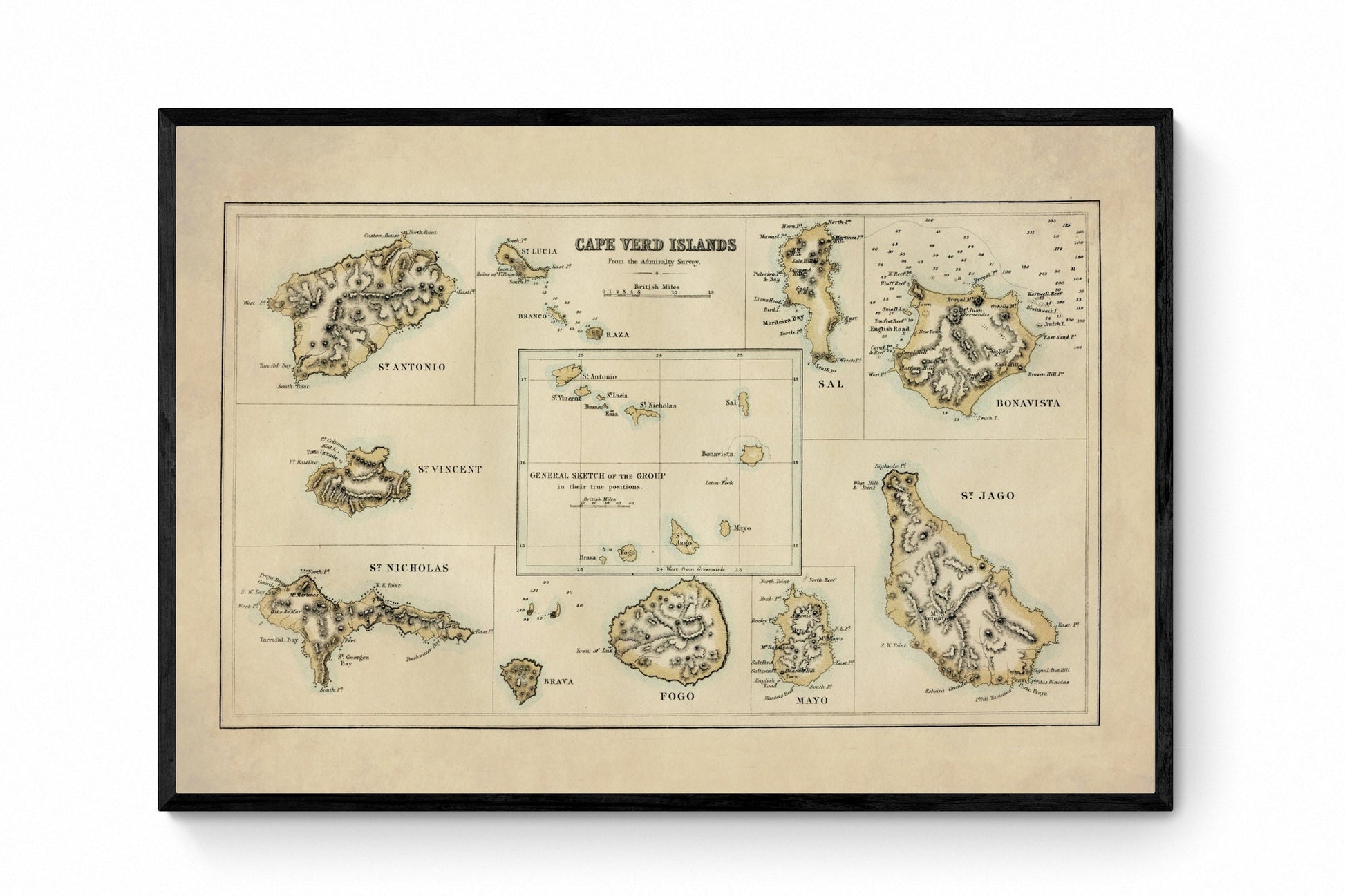 Cape Verde Map - Antique Reproduction - Cabo Verde - Antique from 1871 - Cape Verde Island Archipelago - Available Framed