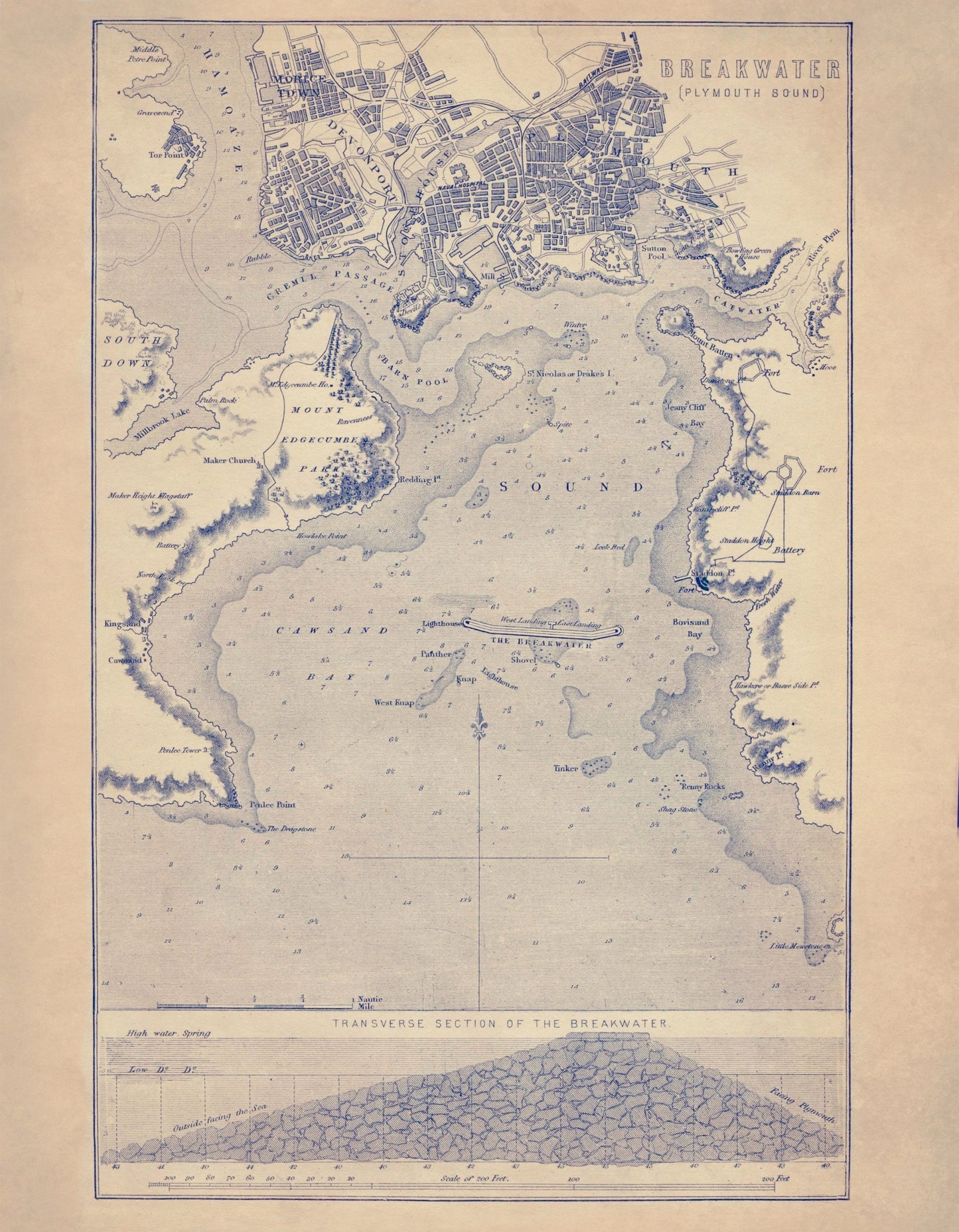 Plymouth Breakwater Map - Antique Reproduction - Plymouth Sound - Devon - England - Nautical Decor - Available Framed