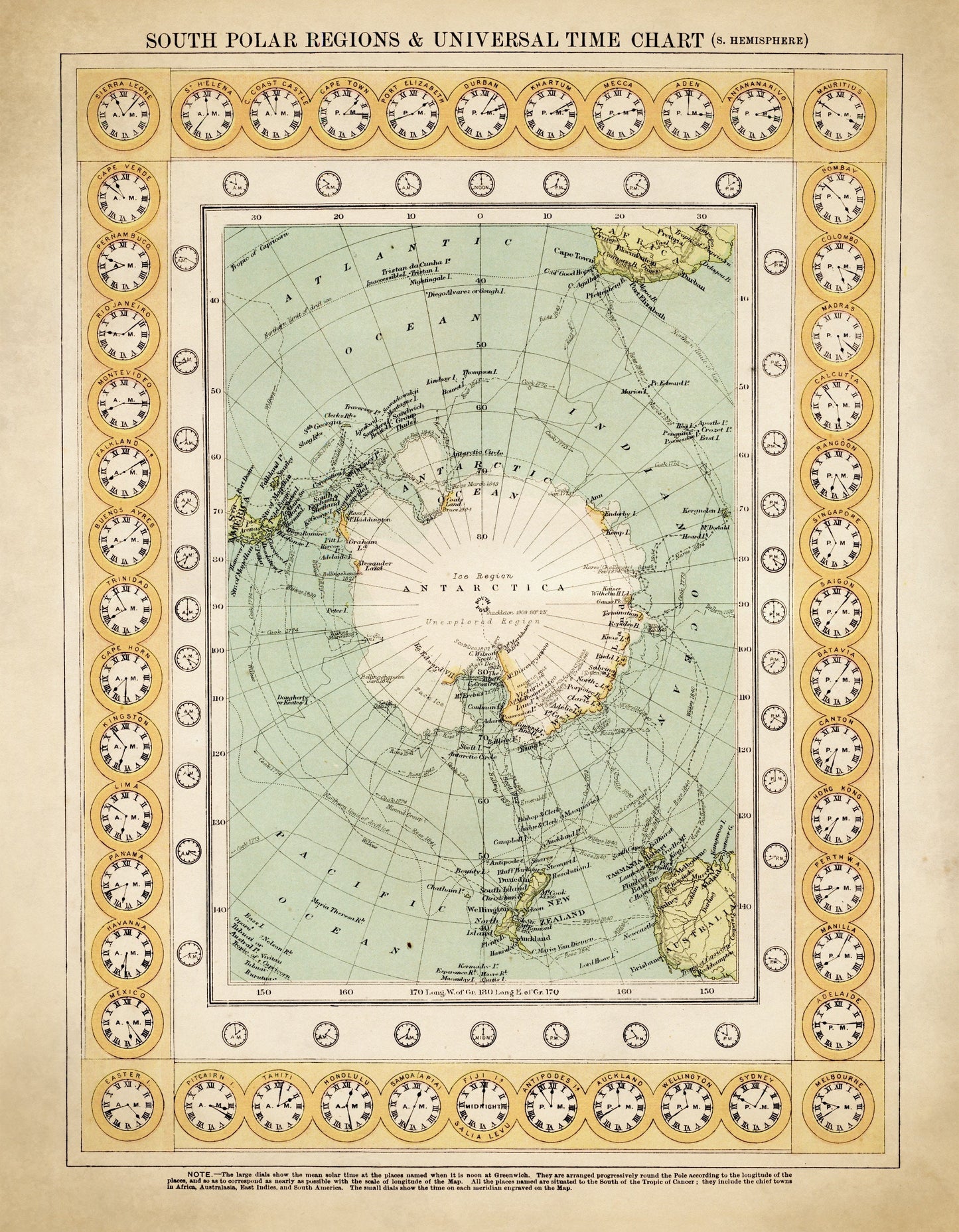 South Polar Regions and Universal Time Chart (Southern Hemisphere) dated 1909 Antique Reproduction - Antarctica - Available Framed