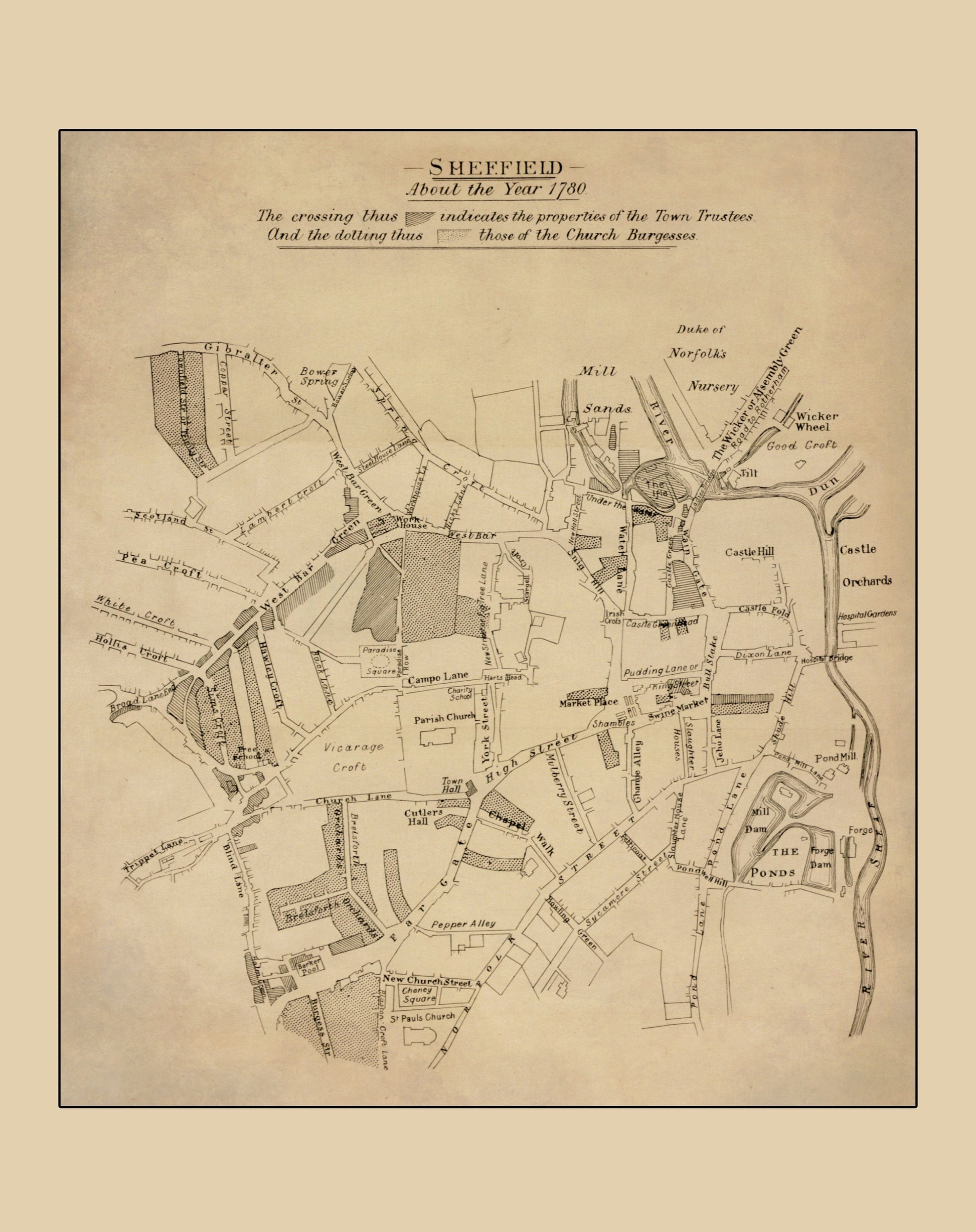 Sheffield c.1780 showing property of Town Trustees and Church - Antique Reproduction - Yorkshire - Unusual Map - Available Framed