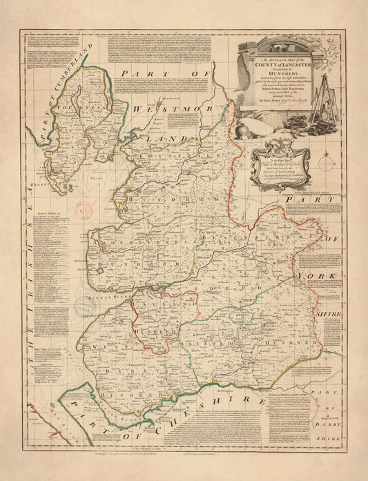 Lancashire Map dated 1749 - Antique Reproduction - Emanuel Bowen - Detailed County Map - Available Framed