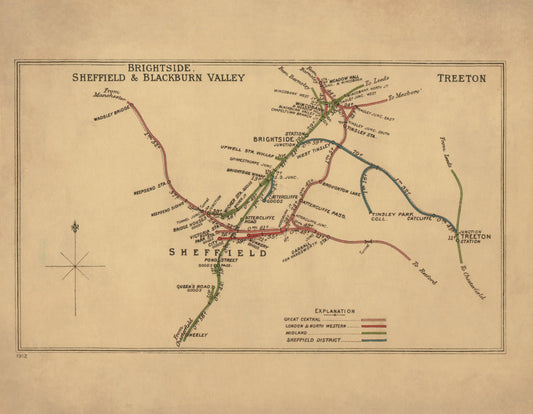 Railway Map - Brightside, Sheffield & Blackburn Valley 1912-14 - Antique Reproduction - Yorkshire - Lancashire - Available Framed