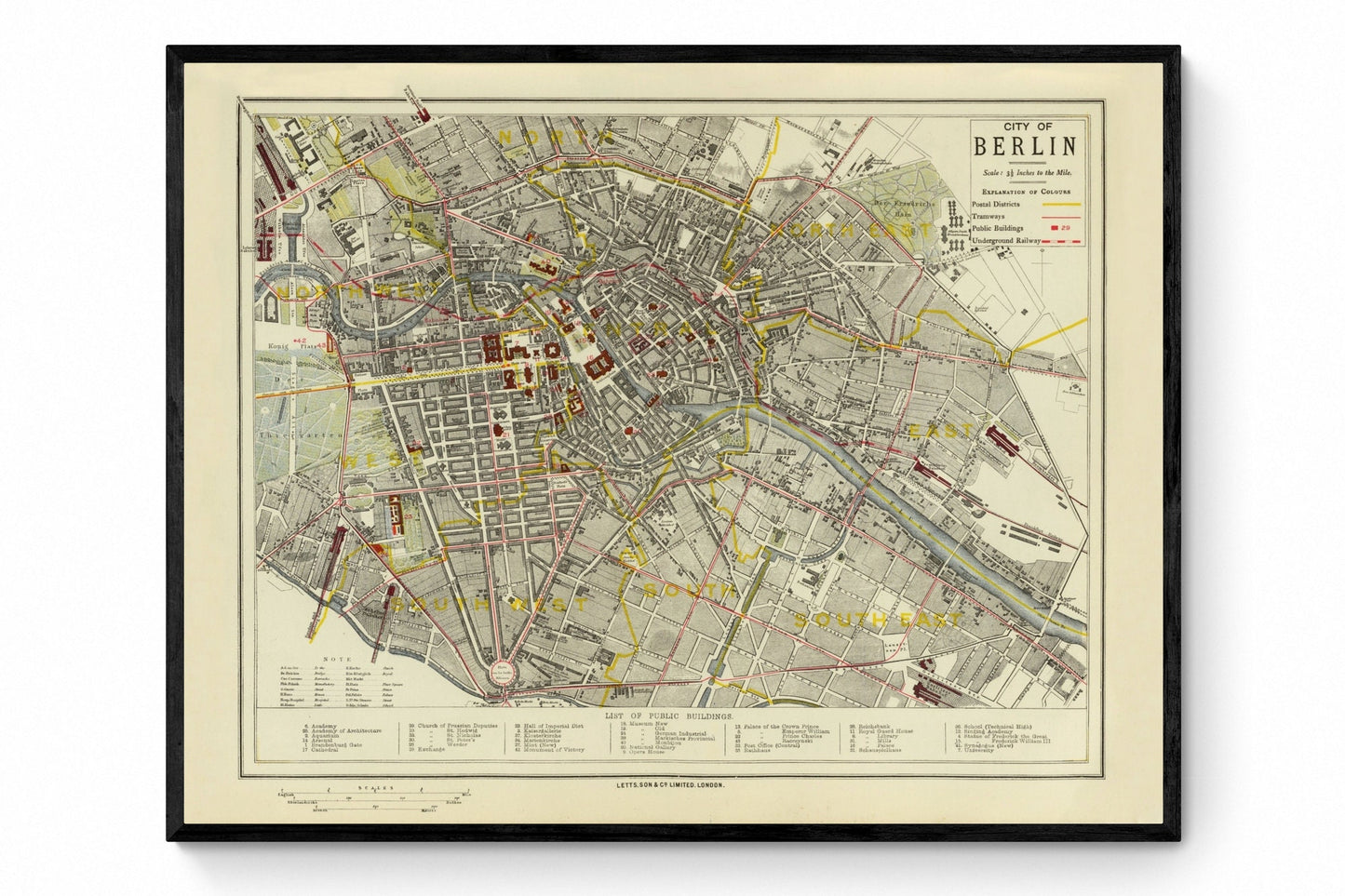 City of Berlin Map dated 1883 showing postal districts, tramways, underground railway - Antique Reproduction - Germany - Available Framed