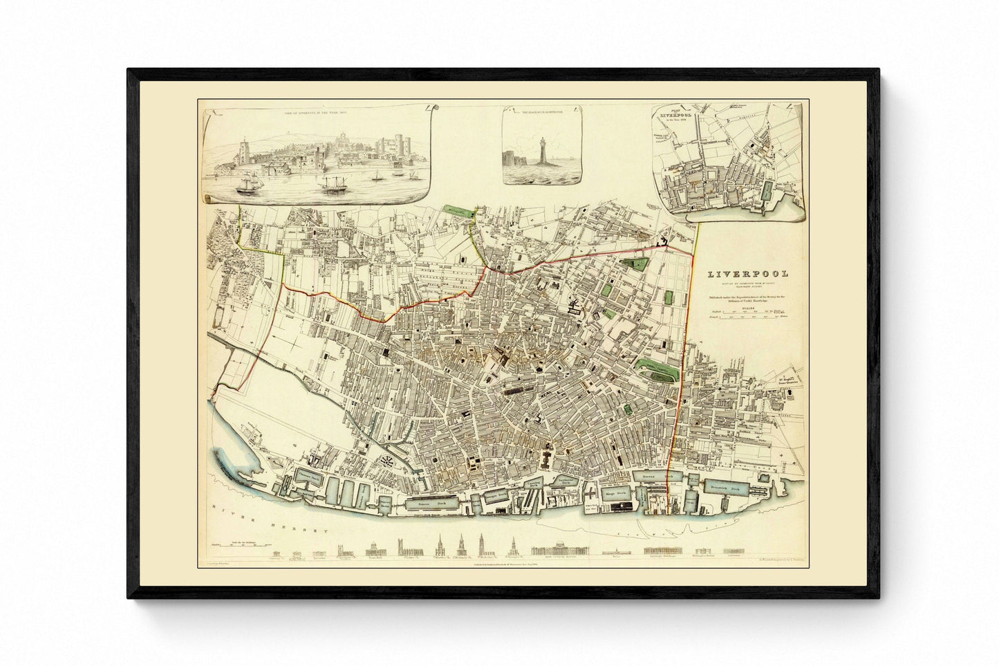 Liverpool in 1836 Map - Antique Reproduction with inset Historical Maps - Lighthouse - City Plan - Available Framed