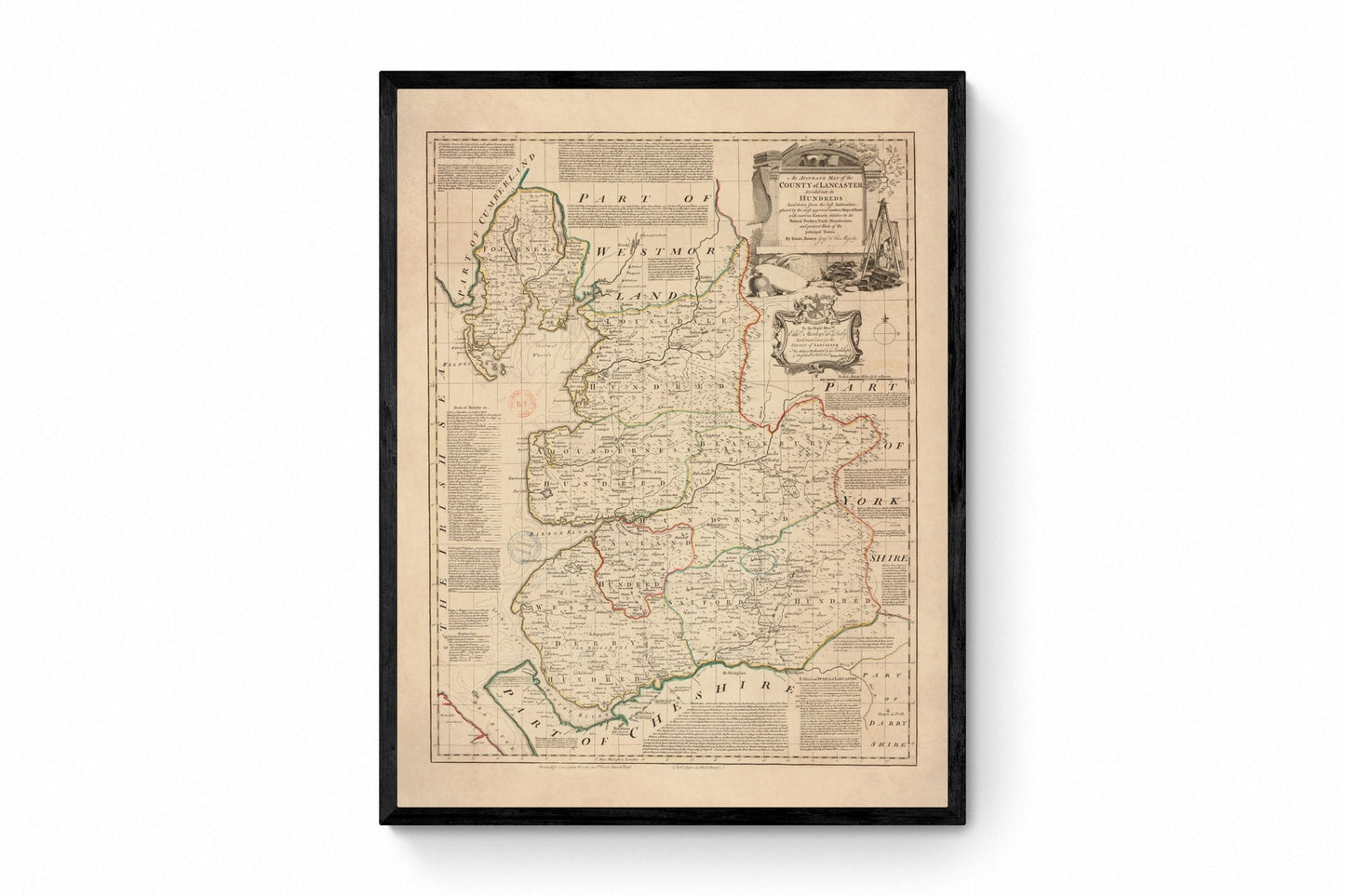 Lancashire Map dated 1749 - Antique Reproduction - Emanuel Bowen - Detailed County Map - Available Framed