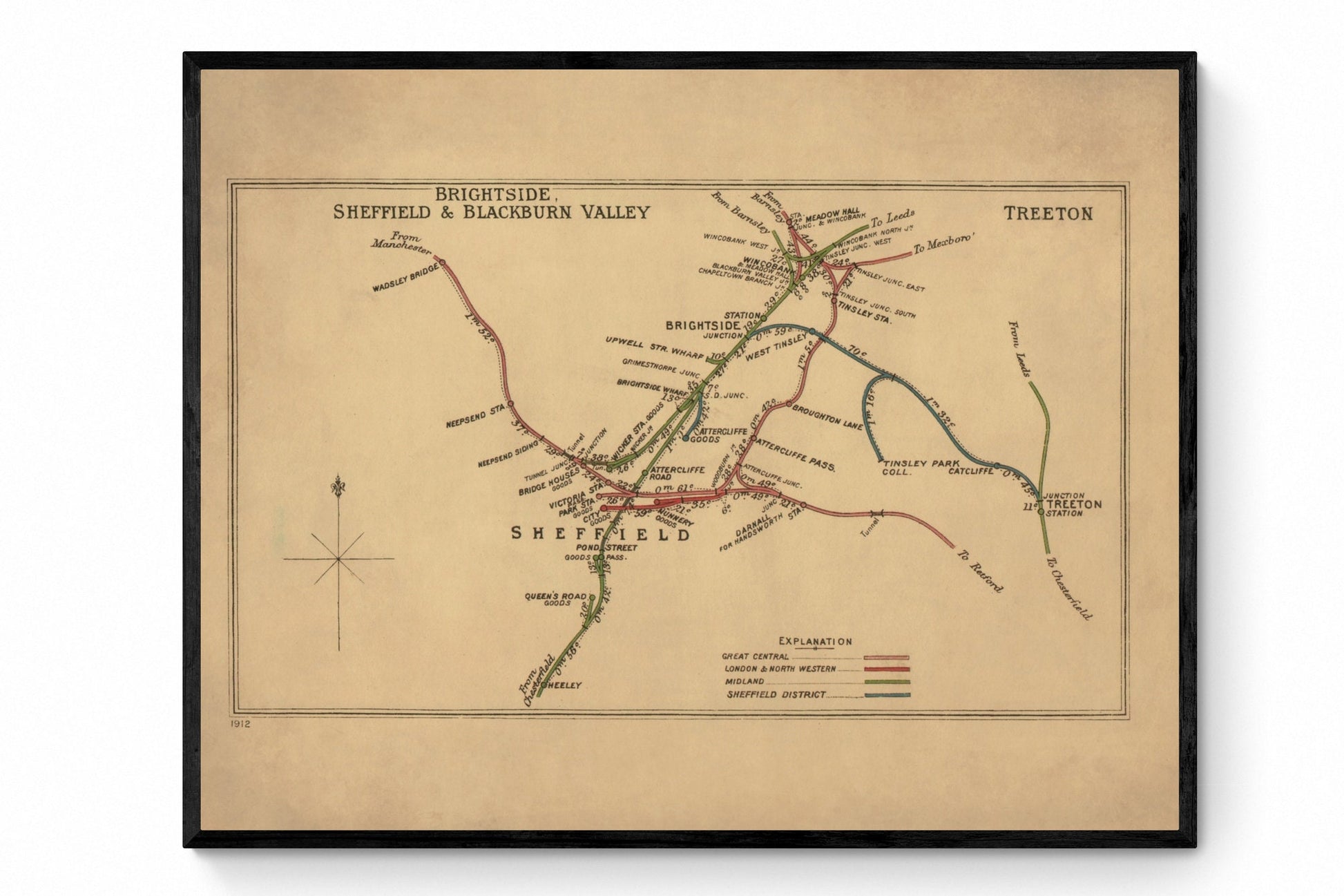 Railway Map - Brightside, Sheffield & Blackburn Valley 1912-14 - Antique Reproduction - Yorkshire - Lancashire - Available Framed