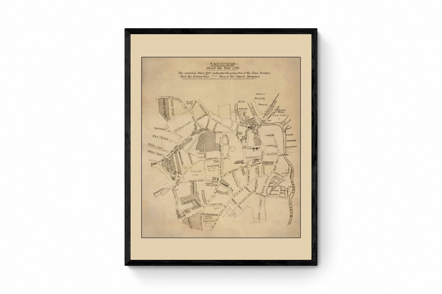 Sheffield c.1780 showing property of Town Trustees and Church - Antique Reproduction - Yorkshire - Unusual Map - Available Framed