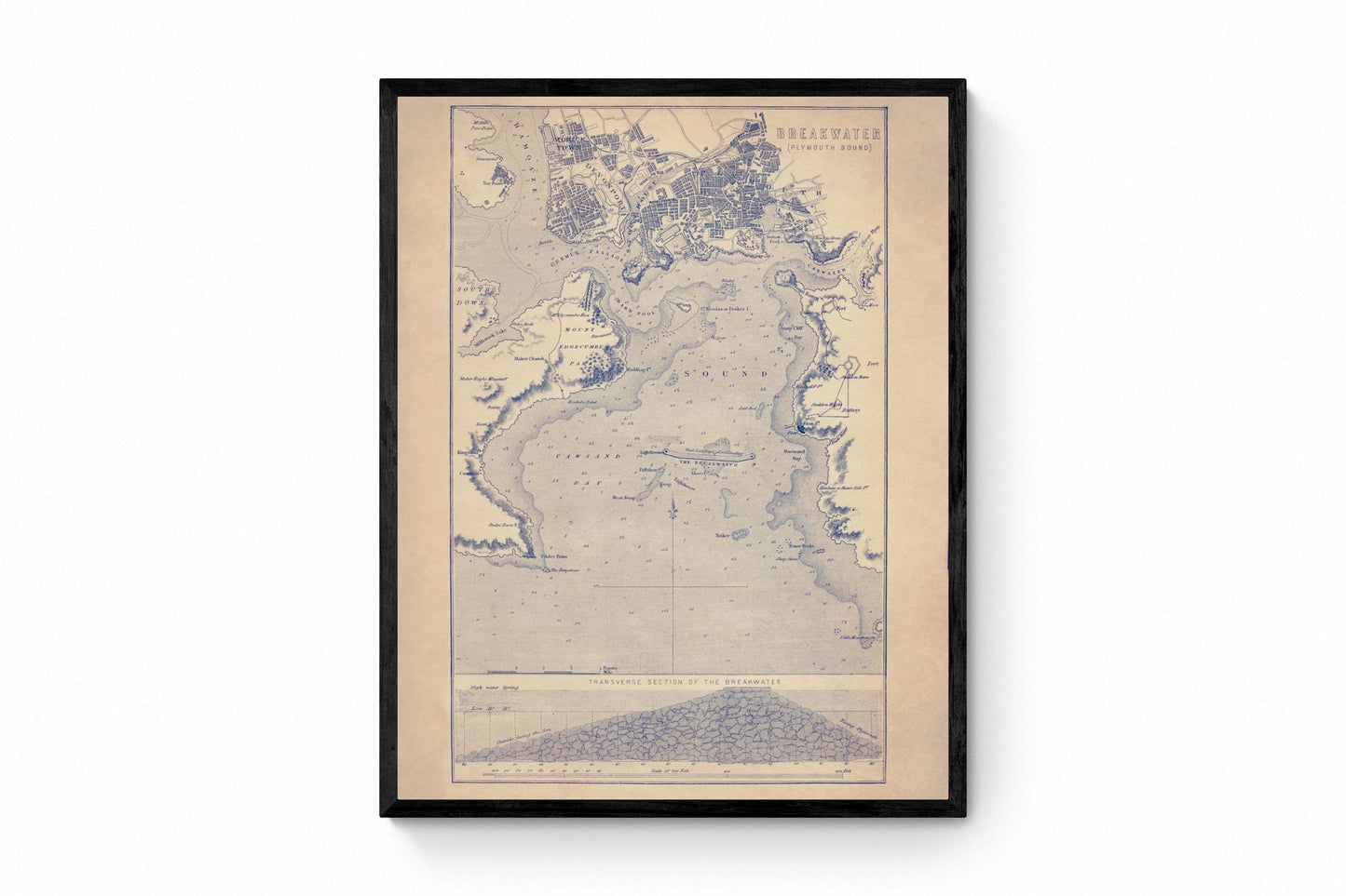 Plymouth Breakwater Map - Antique Reproduction - Plymouth Sound - Devon - England - Nautical Decor - Available Framed