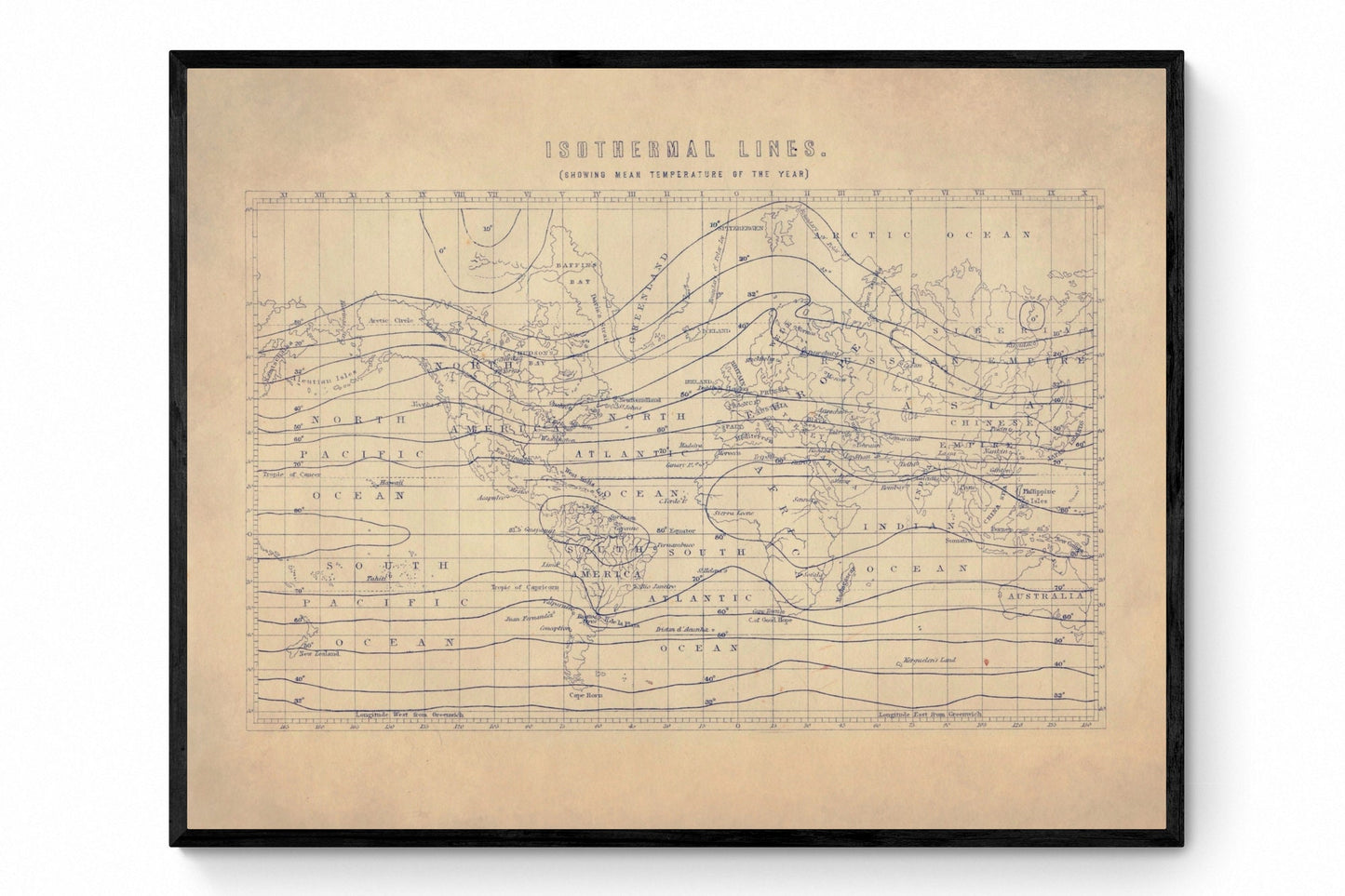 Isothermal Lines Map showing mean temperature of the year - Antique Reproduction - Meteorology Map - Weather Patterns - Available Framed