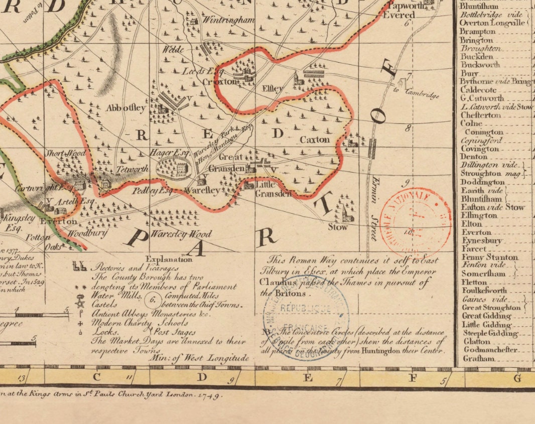 Huntingdon Map dated 1749 - Antique Reproduction - Emanuel Bowen - Detailed County Map - Available Framed