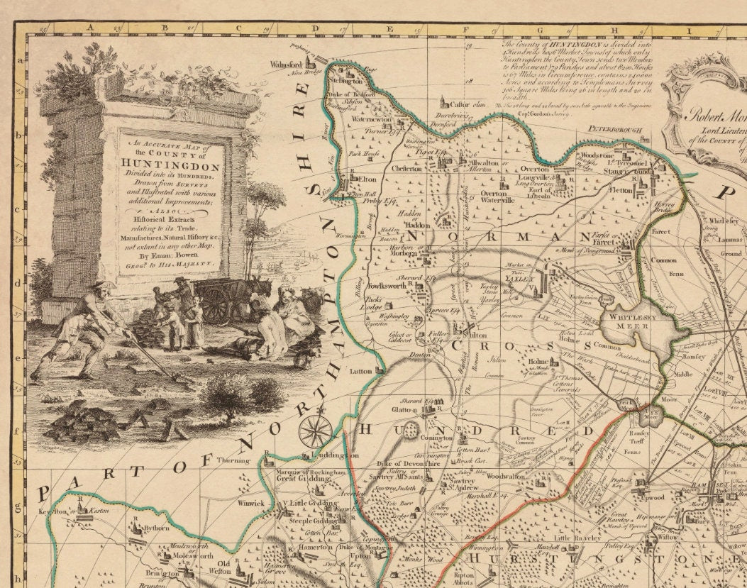 Huntingdon Map dated 1749 - Antique Reproduction - Emanuel Bowen - Detailed County Map - Available Framed