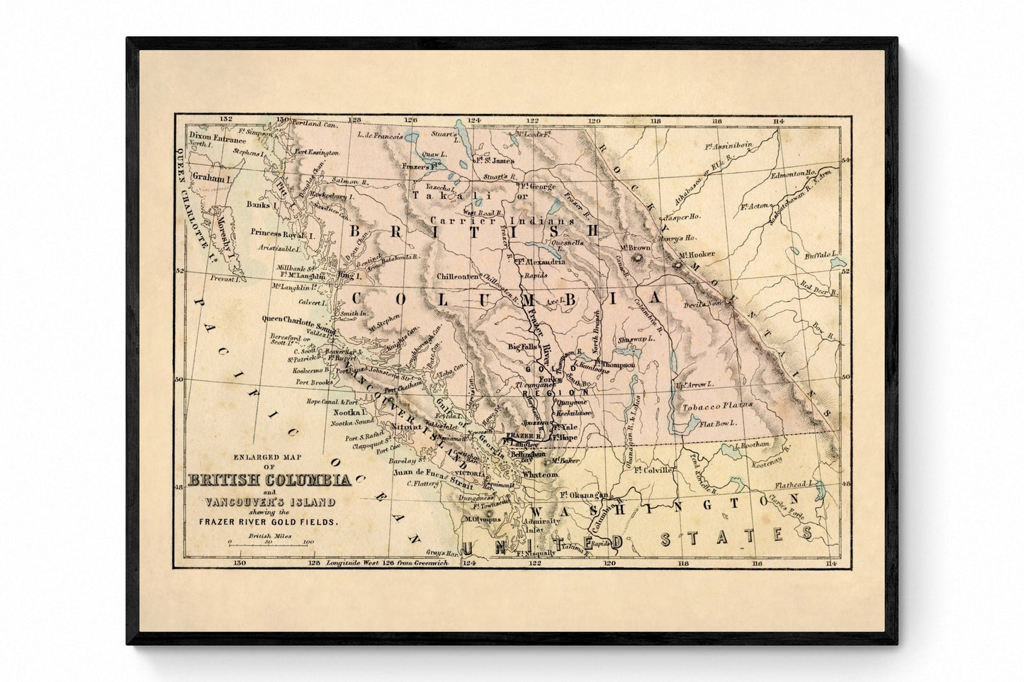 British Columbia and Vancouver Island showing the Frazer River Goldfields Map - Antique Reproduction - Canada - Available Framed