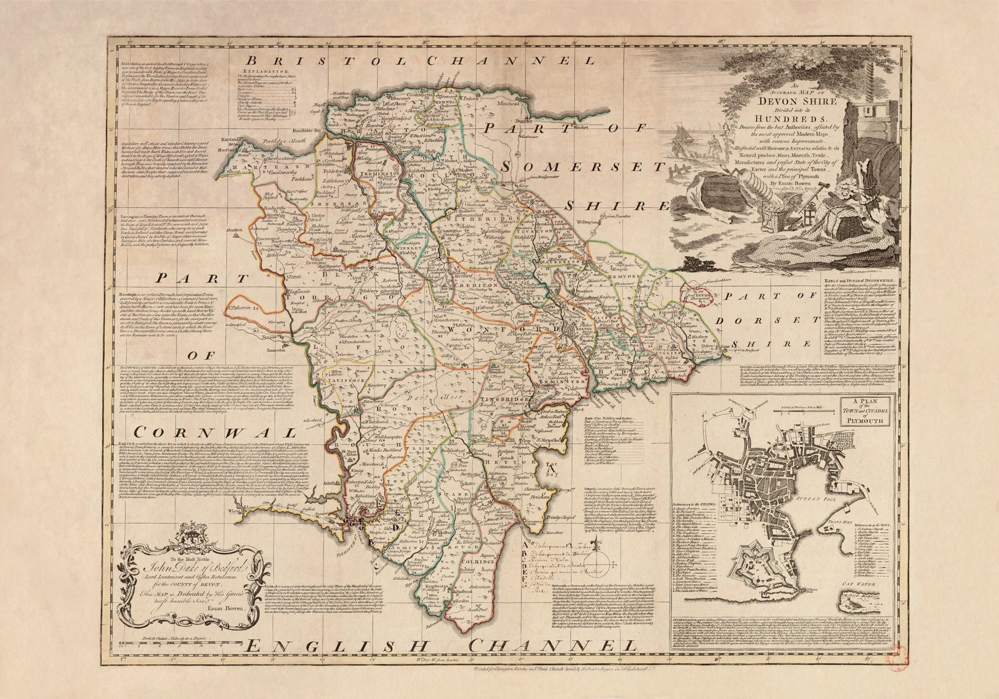 Devon Map dated 1749 - Antique Reproduction - Emanuel Bowen - Detailed County Map - Available Framed