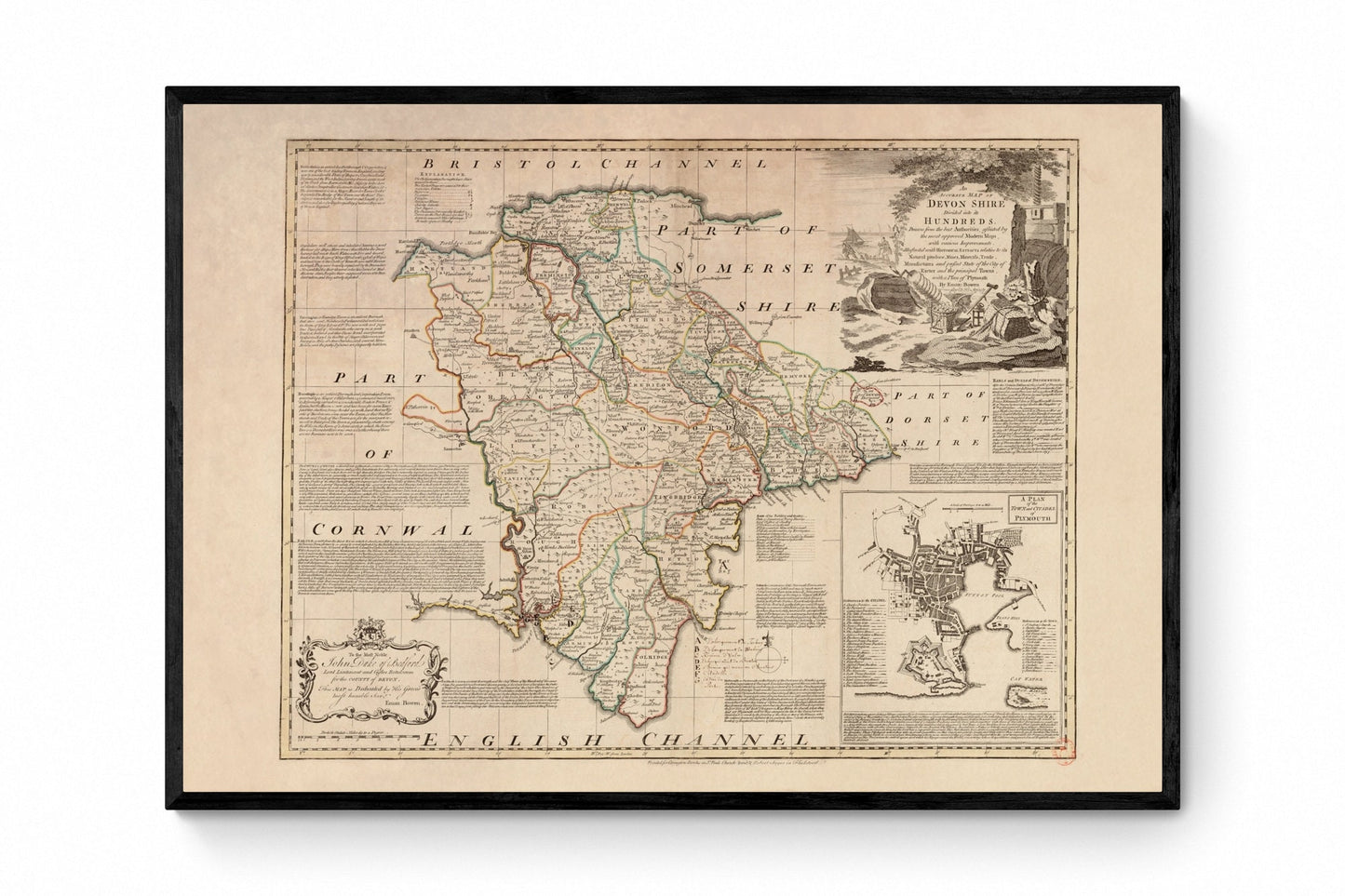 Devon Map dated 1749 - Antique Reproduction - Emanuel Bowen - Detailed County Map - Available Framed