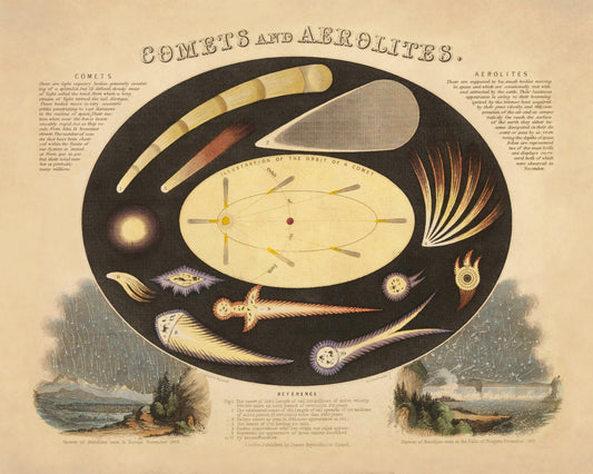 Comets and Aerolites Print -  Antique Reproduction - dated 1846 - Astronomy - Celestial Art - Astronomical Diagram - Available Framed