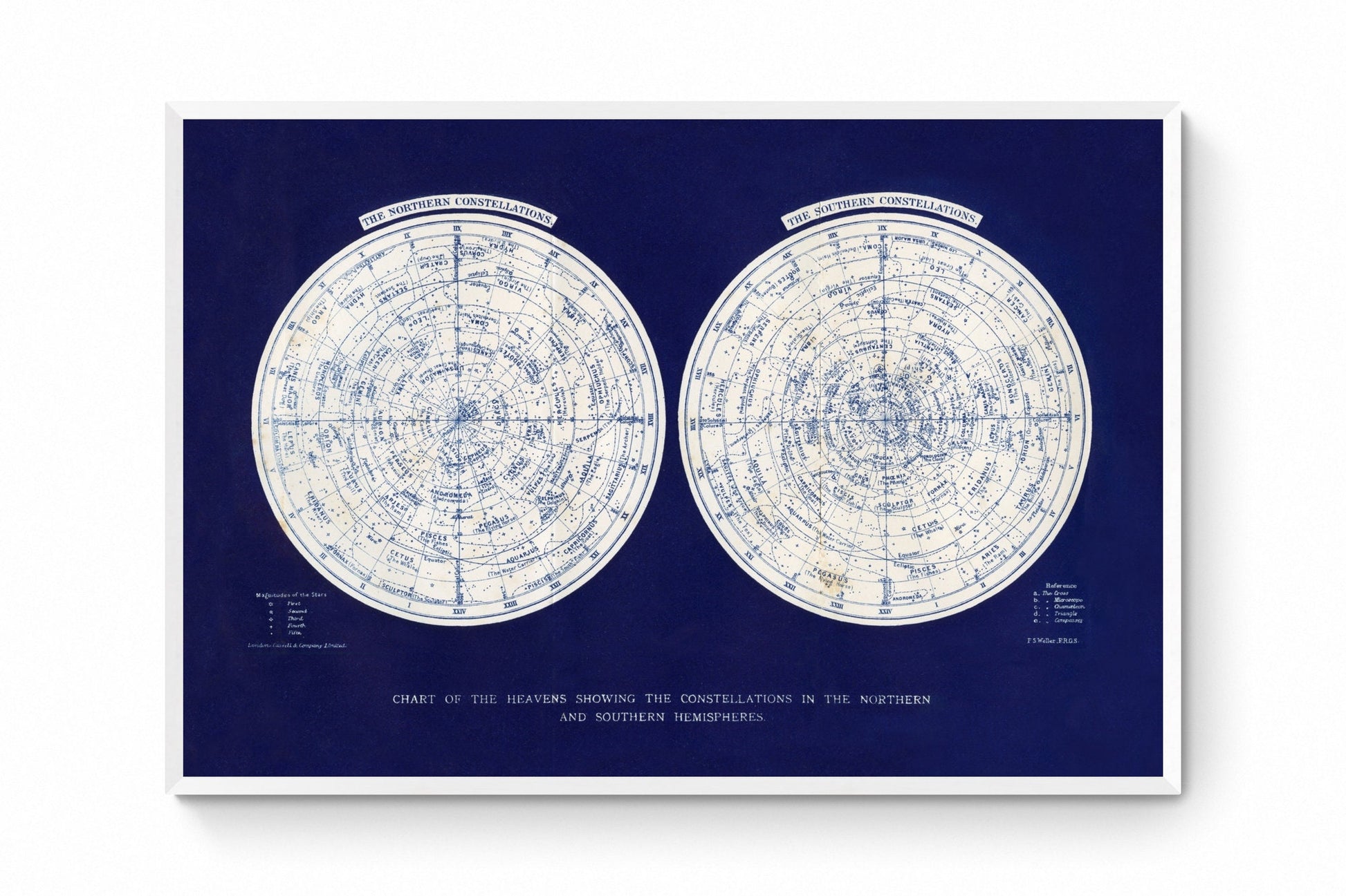 Chart of the Heavens showing the constellations in the Northern and Southern Hemispheres Antique Reproduction - Astronomy - Available Framed