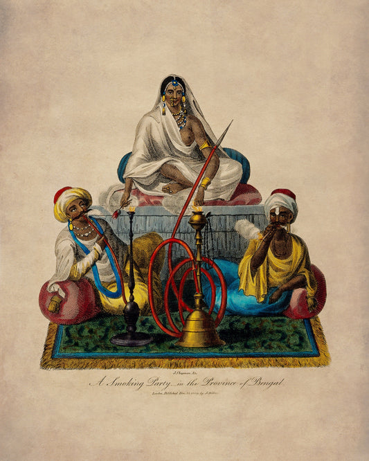 Smoking Party in the province of Bengal Print - dated 1809 - Antique Reproduction - India - Shisha - Hookah - Cigar - Available Framed