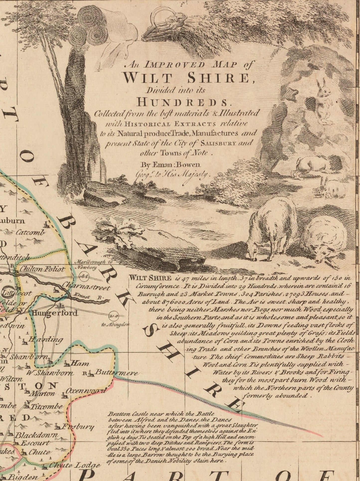 Wiltshire Map dated 1750 - Antique Reproduction - Emanuel Bowen - Detailed County Map - Available Framed