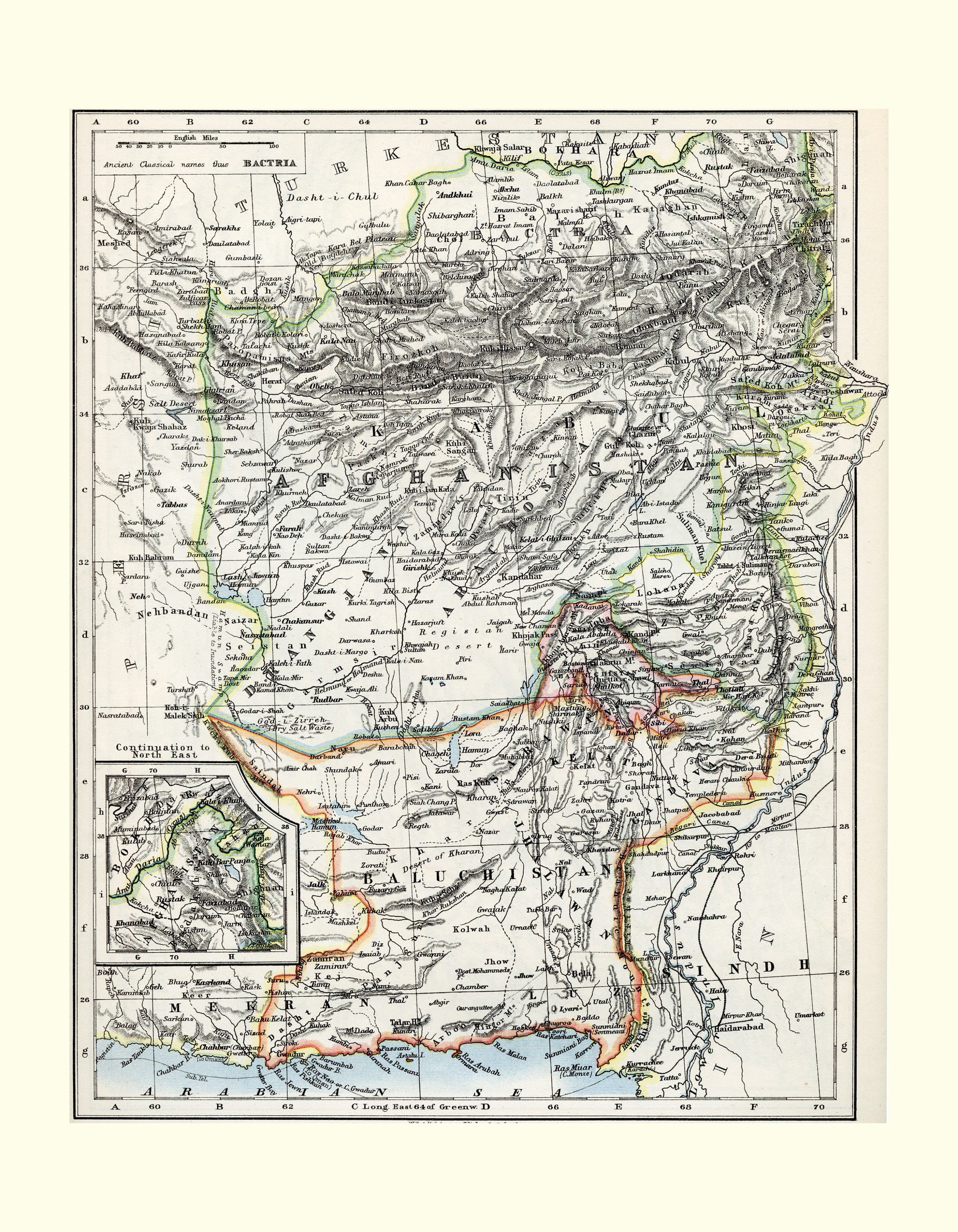 Afghanistan and Baluchistan Map - Antique Reproduction - Balochistan - Pakistan - Iran - Available Framed