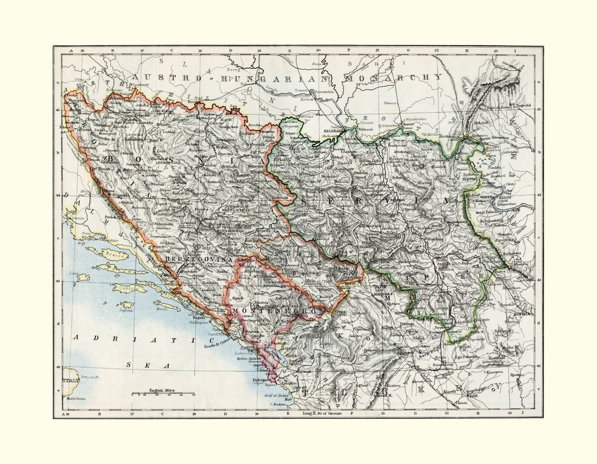 Bosnia, Serbia and Montenegro Map - Antique Reproduction - Balkans Map - Balkans History - Available Framed