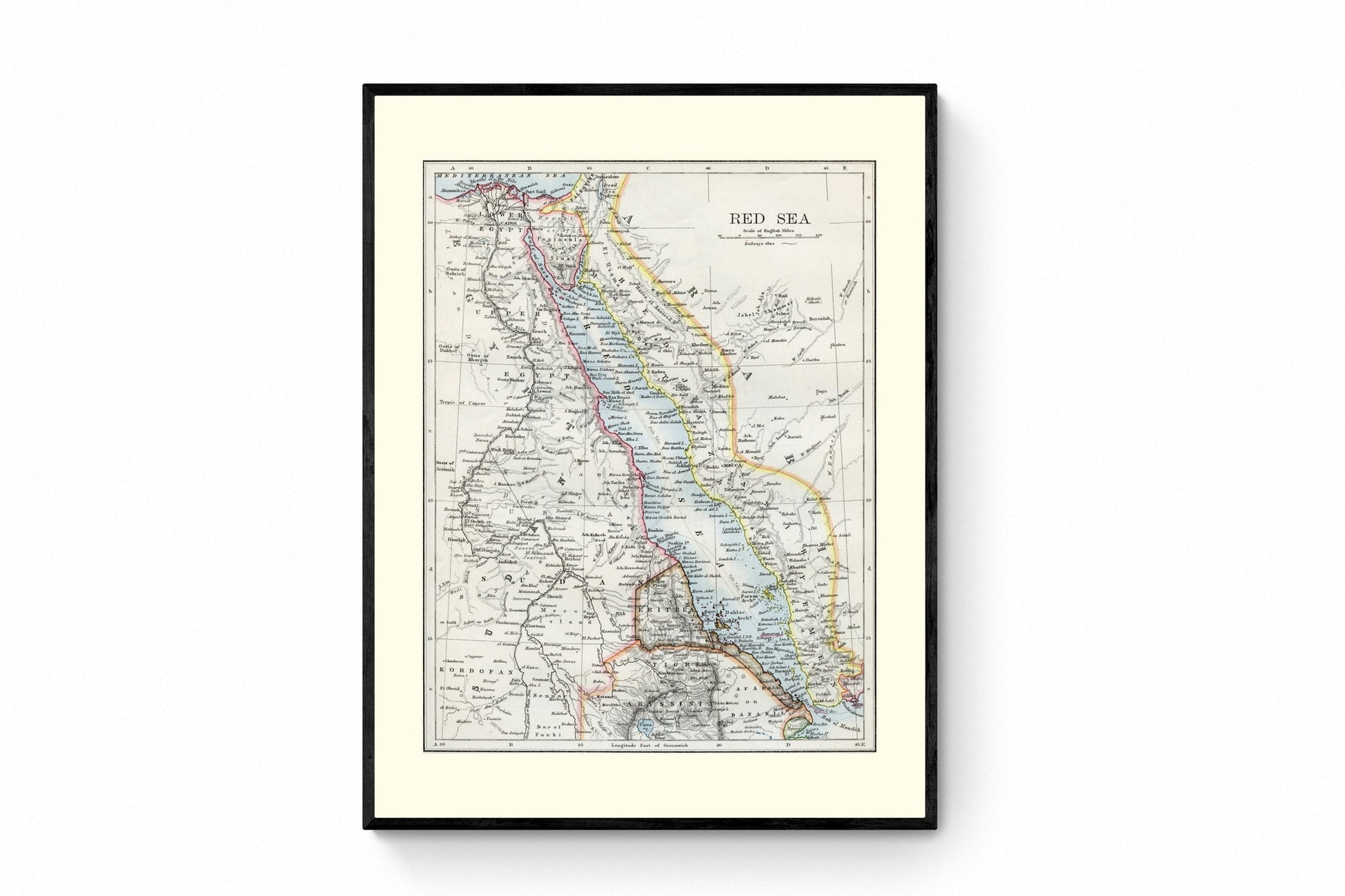 Red Sea Map - Antique Reproduction - Djibouti, Egypt, Eritrea, Saudi Arabia, Yemen, Israel, Sudan, Somalia, Jordan - Available Framed