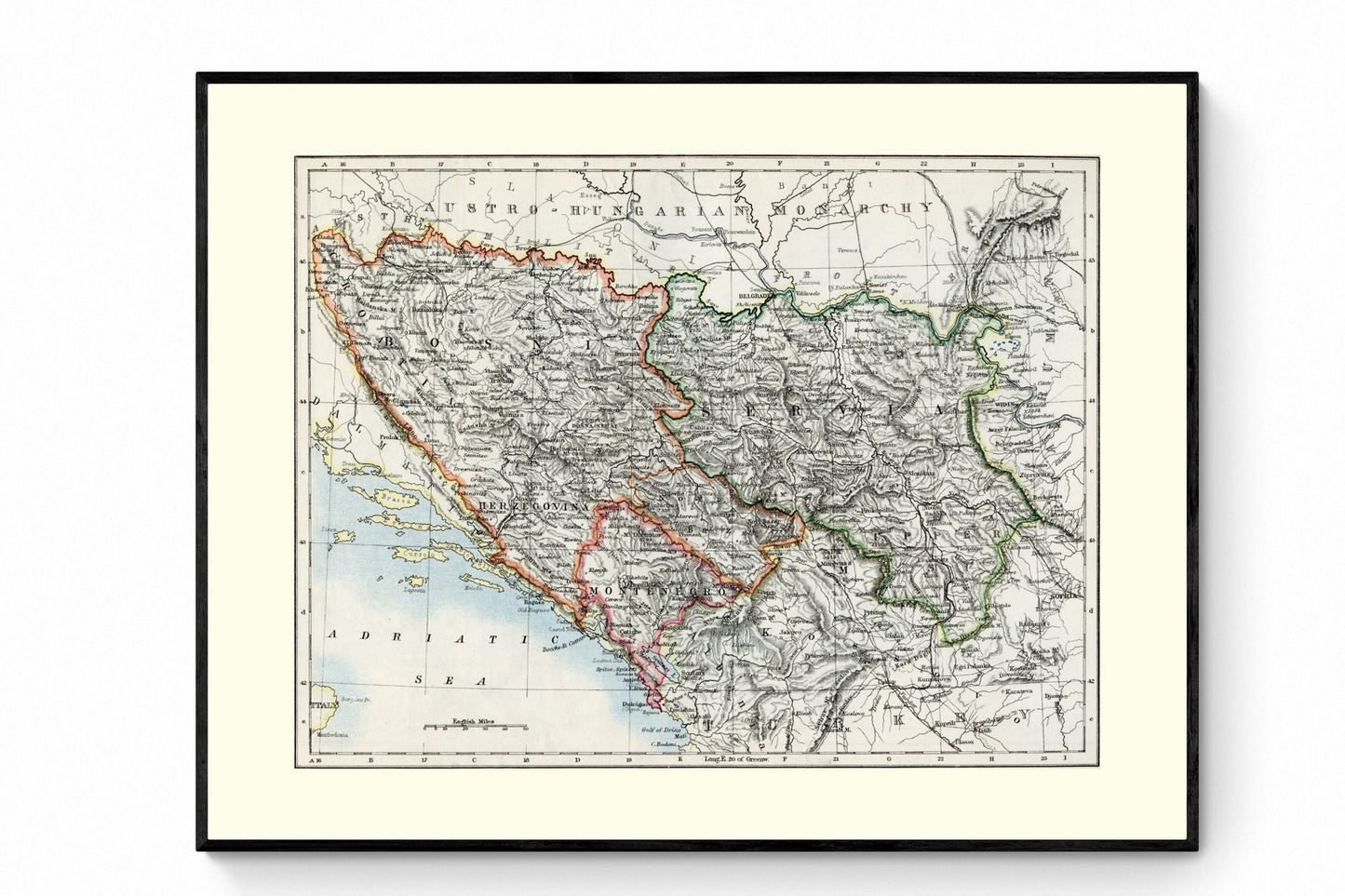 Bosnia, Serbia and Montenegro Map - Antique Reproduction - Balkans Map - Balkans History - Available Framed