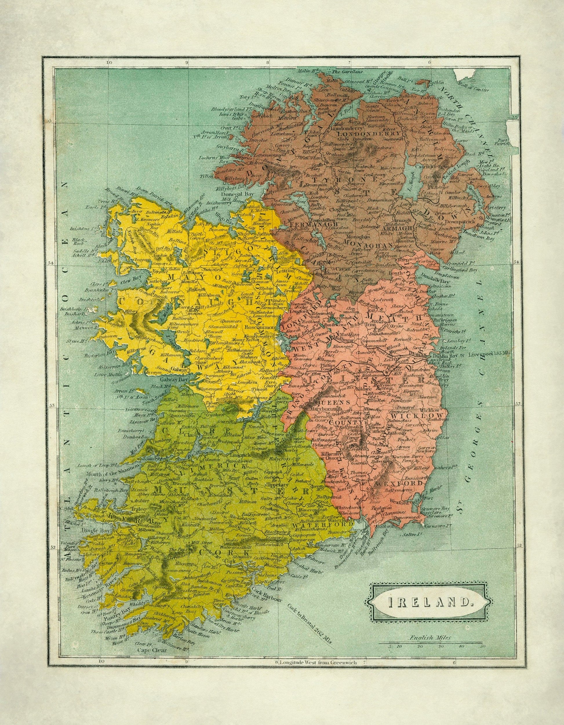 Ireland in 1863 Colourful Map - Antique Reproduction - Irish History - Republic of Ireland - Northern Ireland - Available Framed