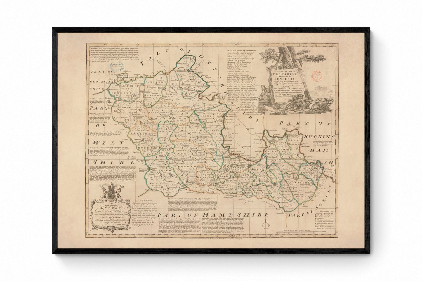 Berkshire Map dated 1756 - Antique Reproduction - Emanuel Bowen - Detailed County Map - Available Framed