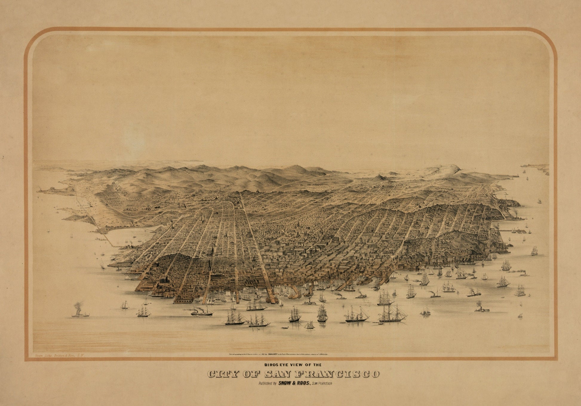 San Francisco Birds Eye View Map - Antique Reproduction - Dated 1868 - City Plan - California - Available Framed