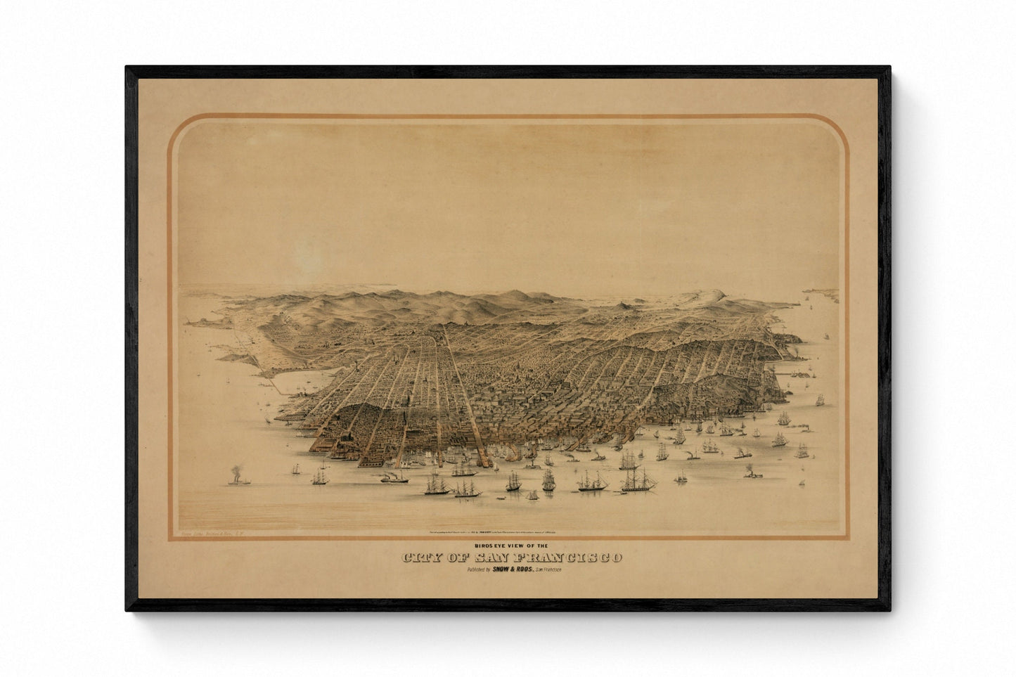 San Francisco Birds Eye View Map - Antique Reproduction - Dated 1868 - City Plan - California - Available Framed