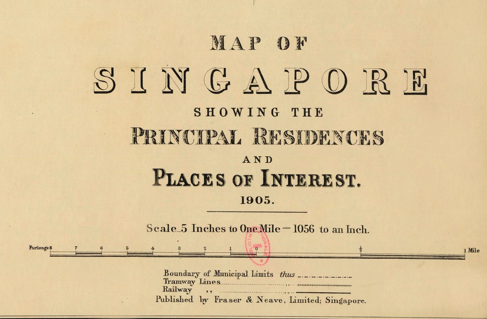 Singapore Map - Antique Reproduction - Dated 1905 - CIty Plan showing  principal residences and places of interest - Available Framed