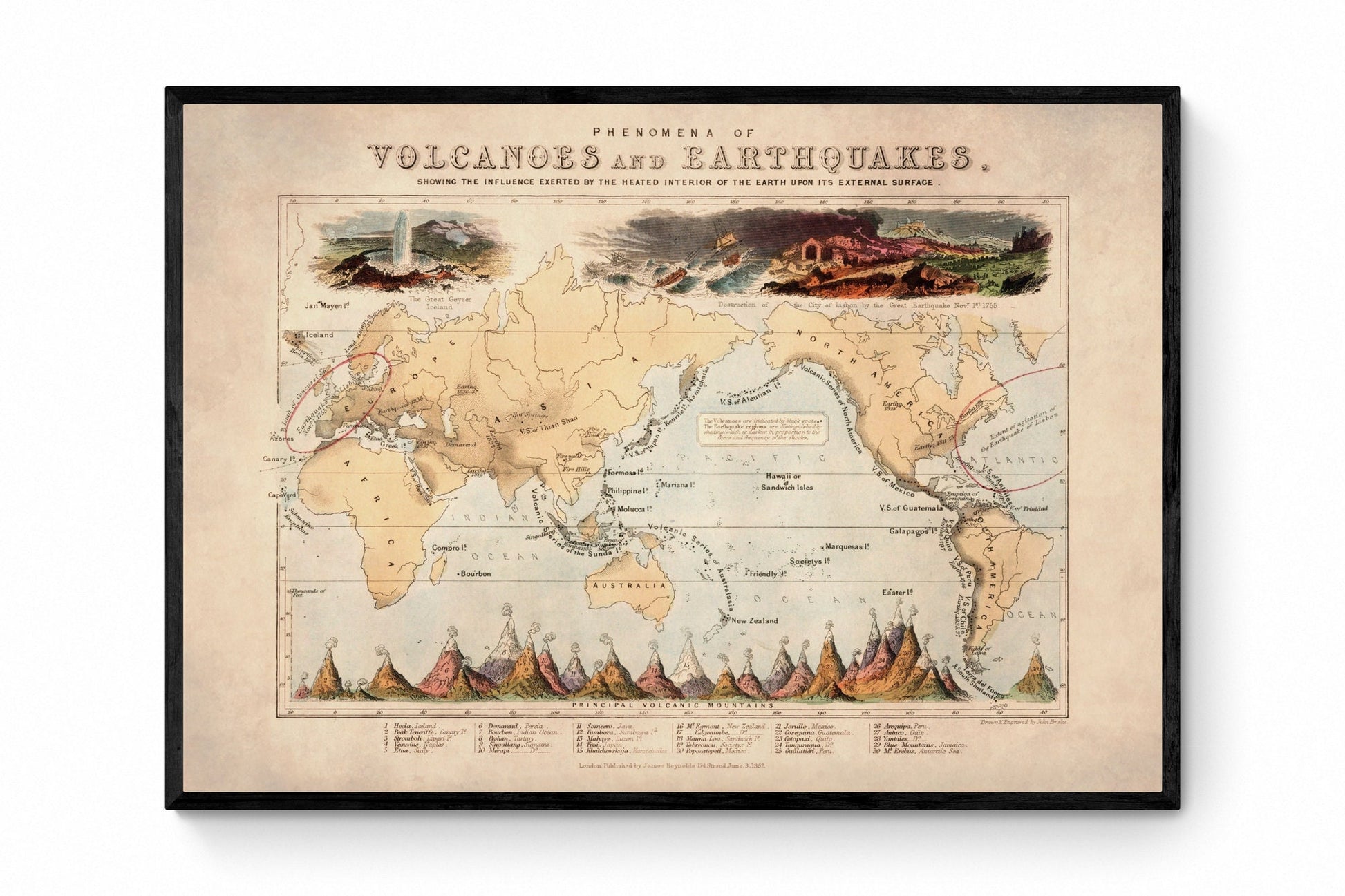 Volcanoes and Earthquakes showing the influence exerted by the heated interior of the Earth Antique Reproduction - Available Framed