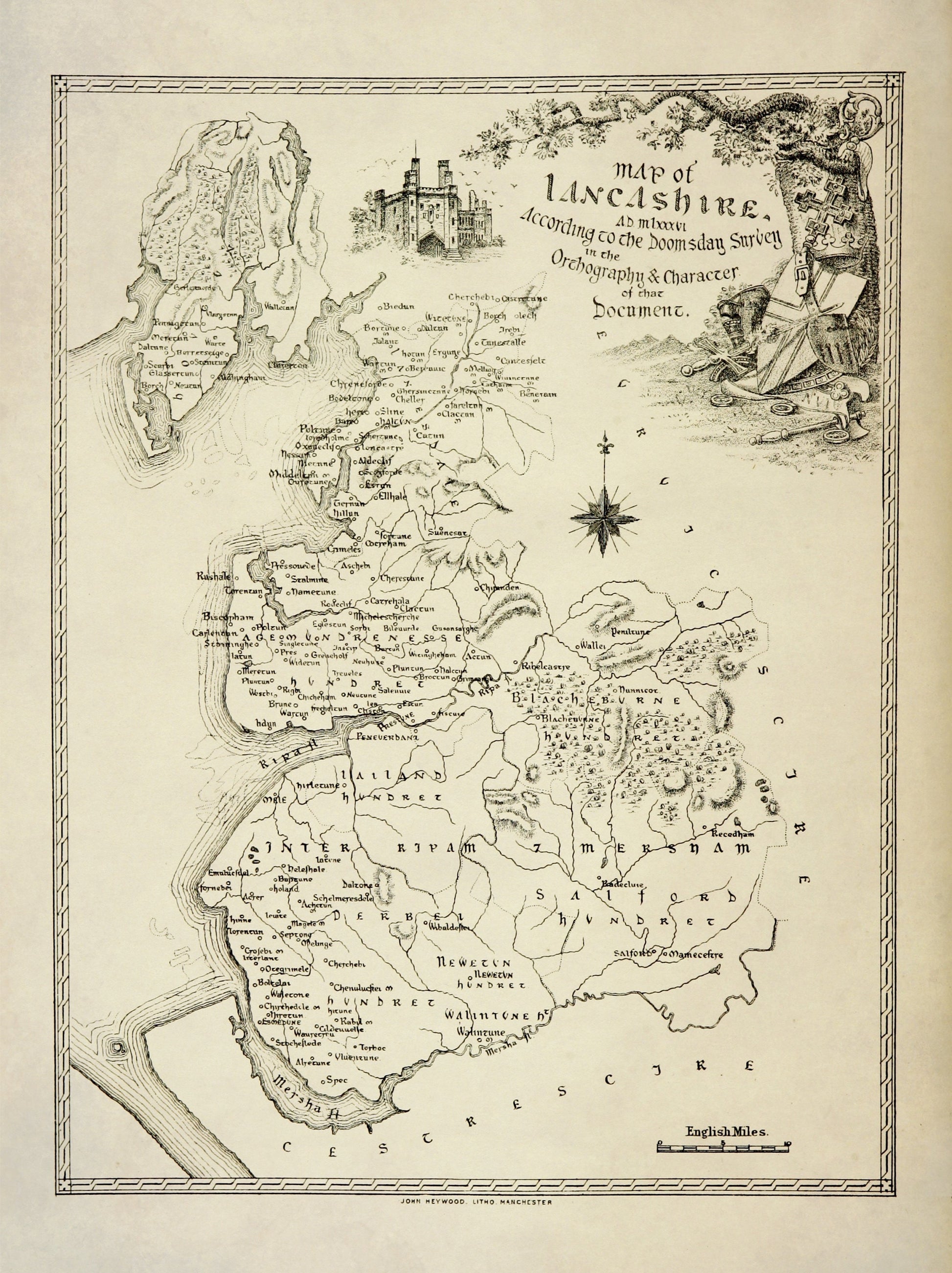 Domesday Map of Lancashire - 1086 AD - Antique Reproduction - Drawn according to the Domesday Survey in 1888 - Available Framed