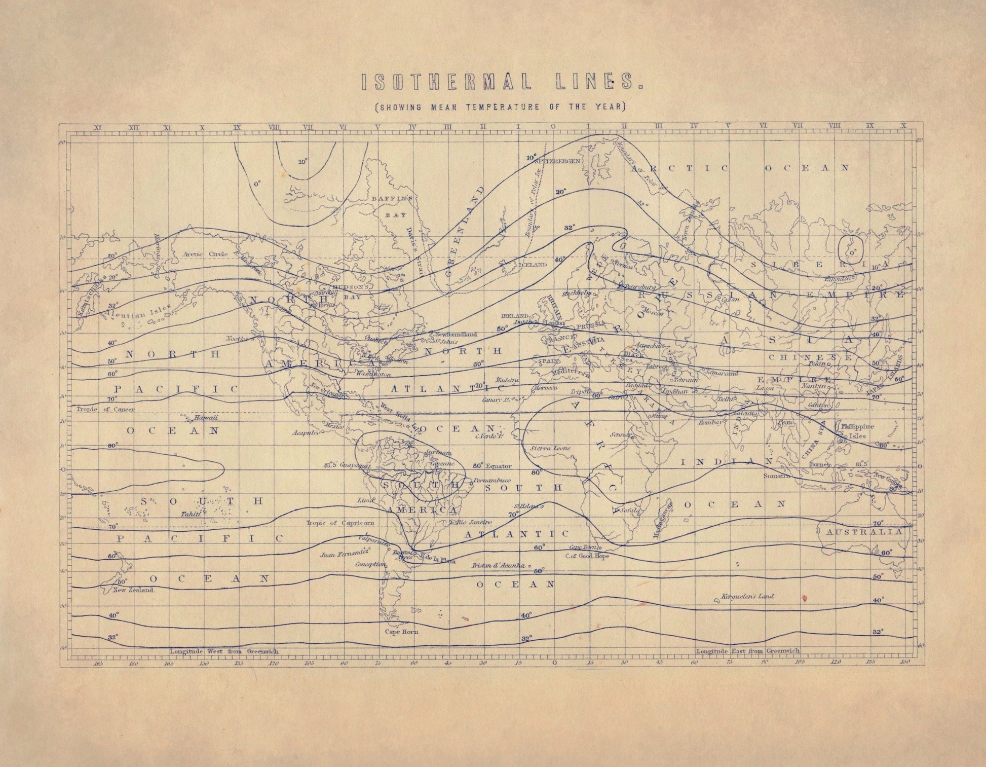 Isothermal Lines Map showing mean temperature of the year - Antique Reproduction - Meteorology Map - Weather Patterns - Available Framed