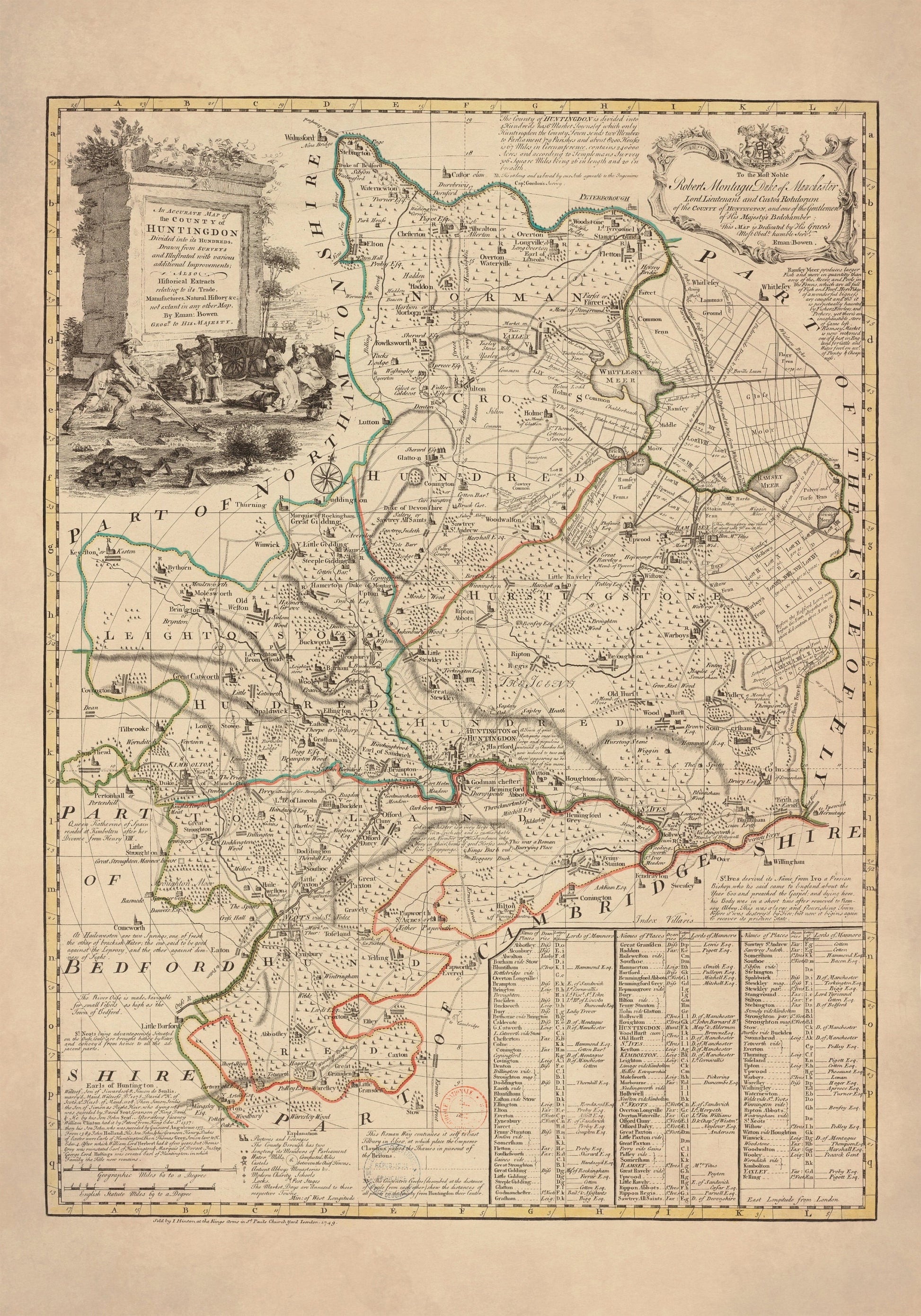 Huntingdon Map dated 1749 - Antique Reproduction - Emanuel Bowen - Detailed County Map - Available Framed