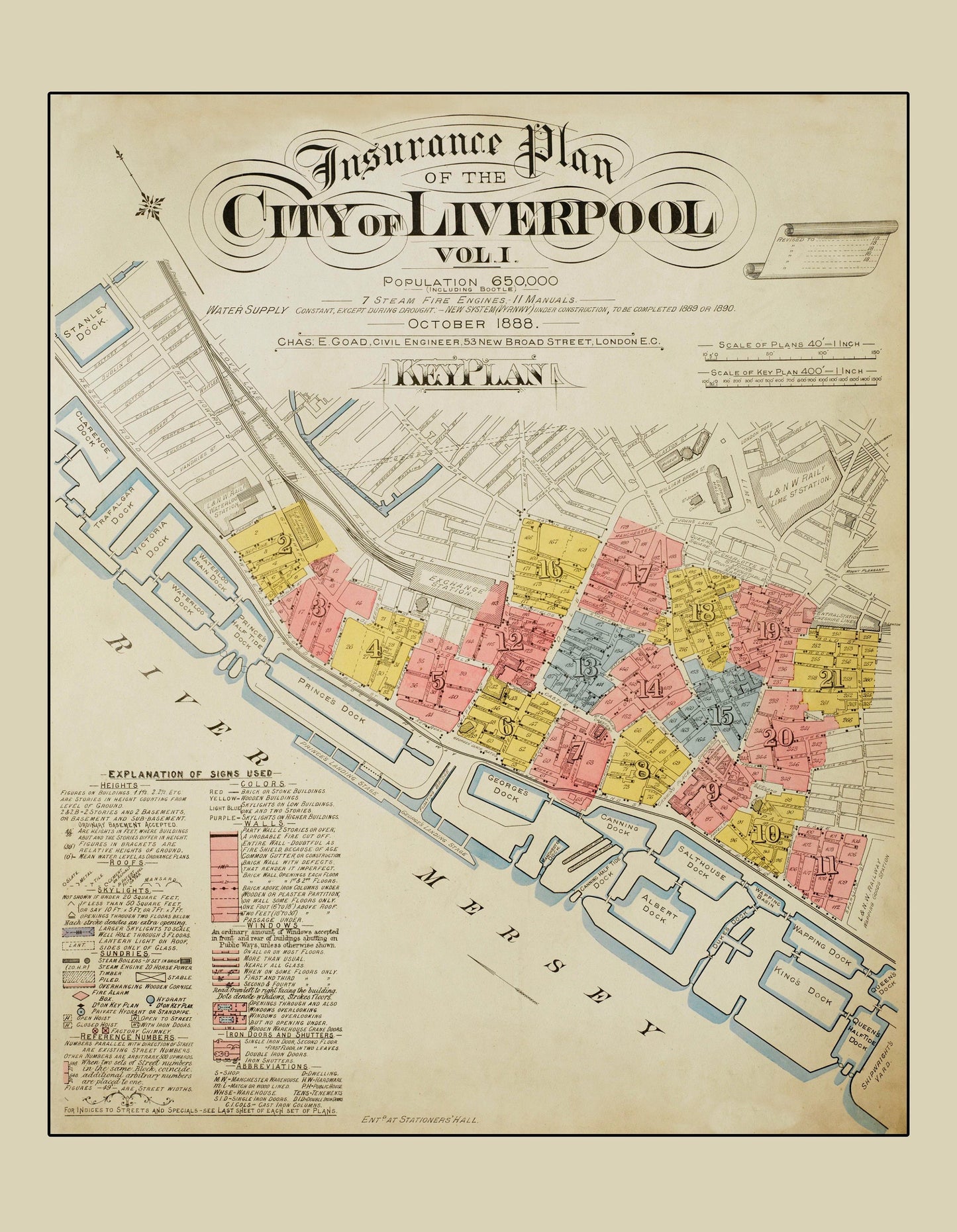 Insurance Plan of the City of Liverpool dated 1888 - Antique Reproduction - Merseyside - Detailed Industrial Map - Available Framed