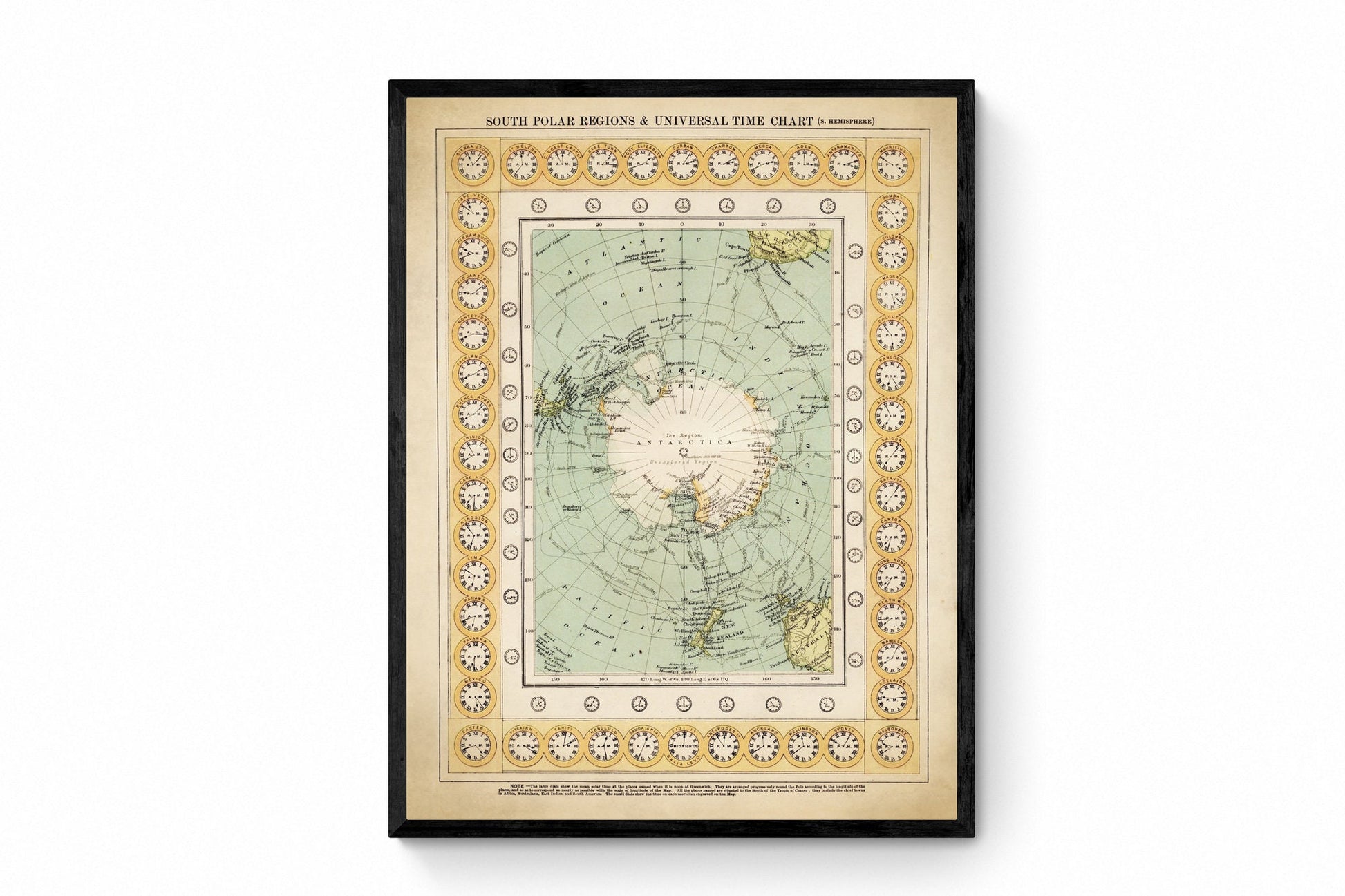 South Polar Regions and Universal Time Chart (Southern Hemisphere) dated 1909 Antique Reproduction - Antarctica - Available Framed