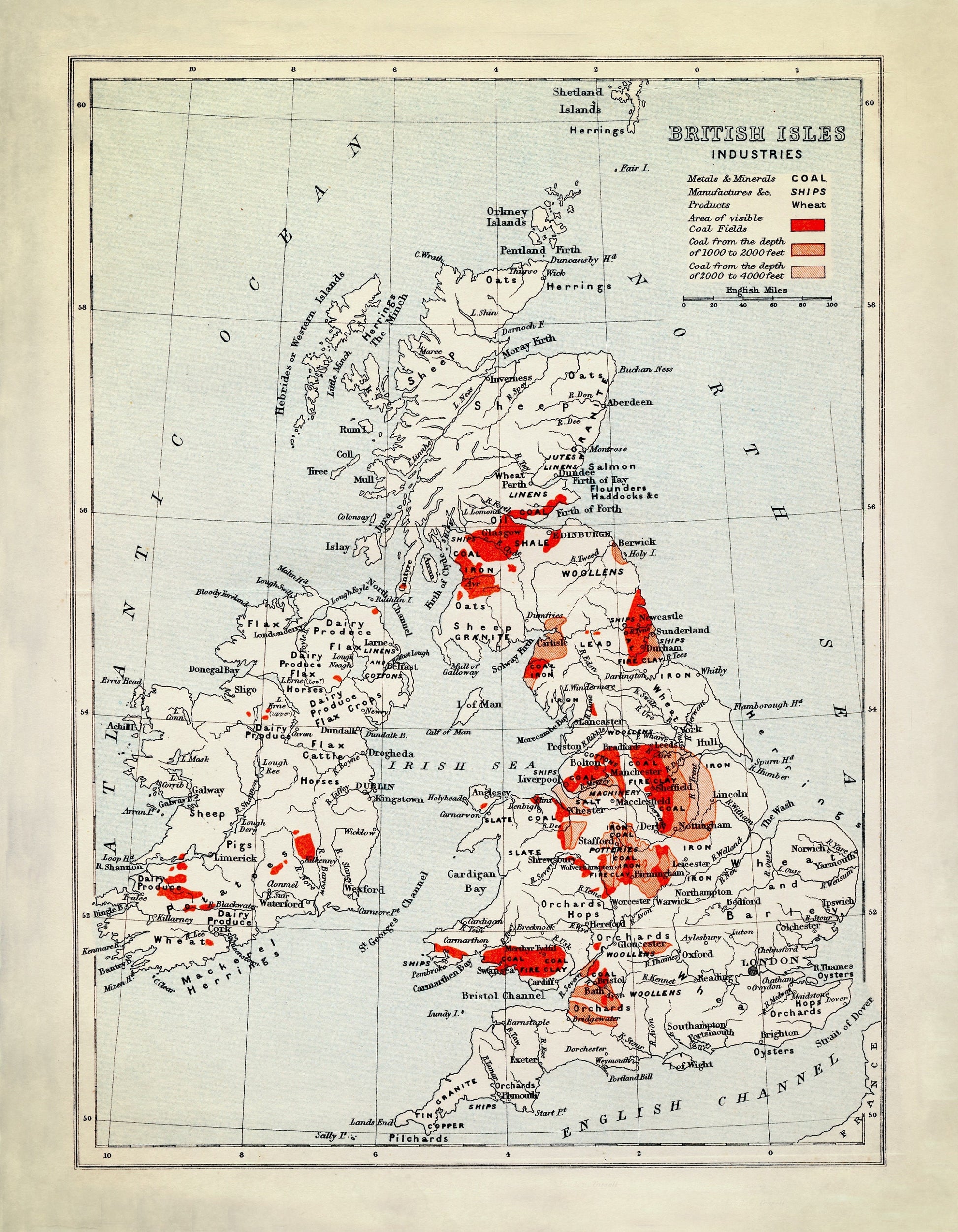 British Isles Industries Map dated c.1900 - Antique Reproduction - Coal and Metal Mining - Manufacturing - Industry - Available Framed