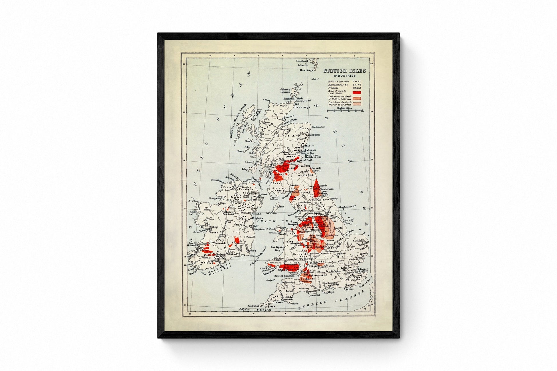 British Isles Industries Map dated c.1900 - Antique Reproduction - Coal and Metal Mining - Manufacturing - Industry - Available Framed