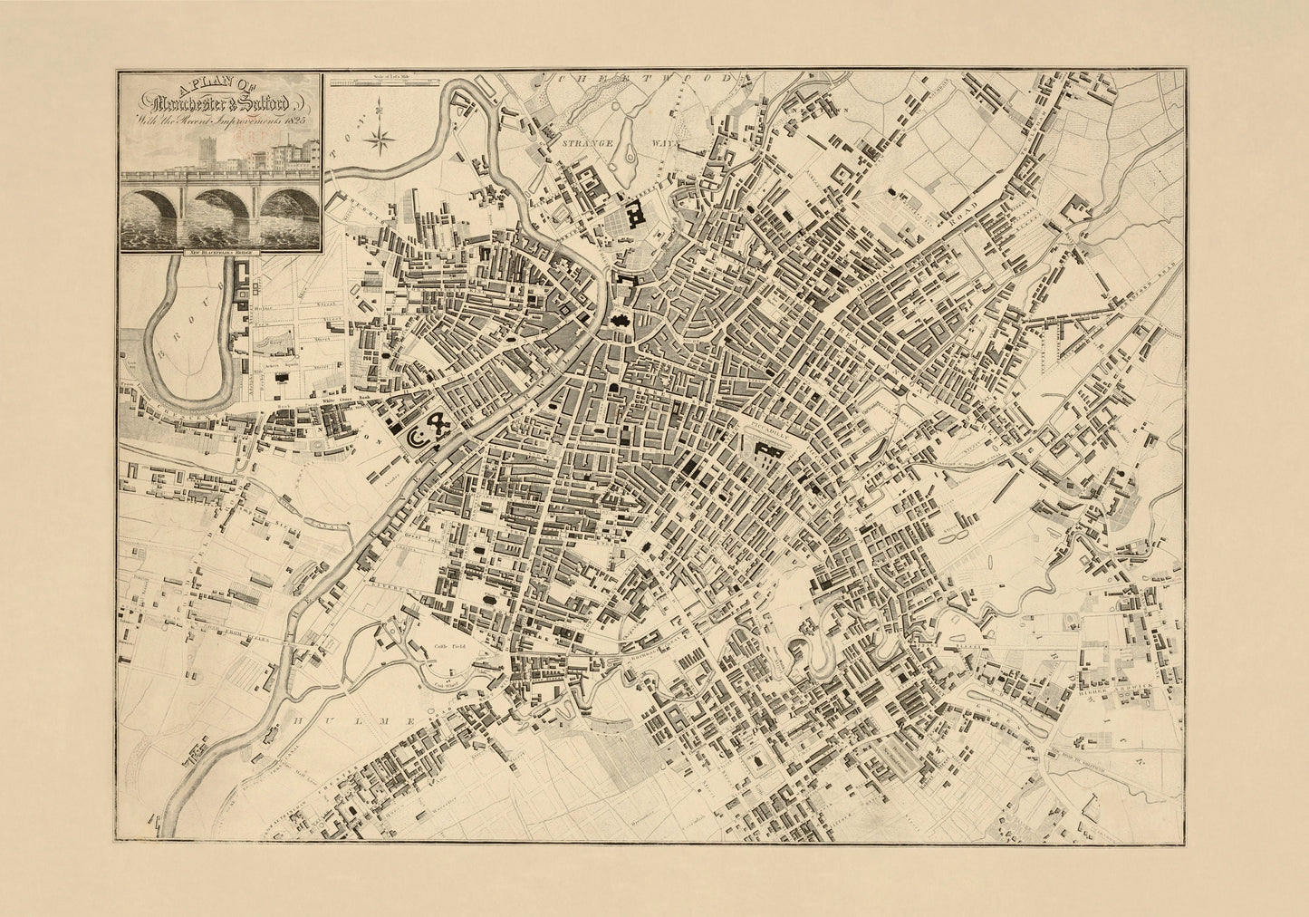 Manchester & Salford with the recent improvements, 1825 - Antique Reproduction Map - City Plan - England - Available Framed