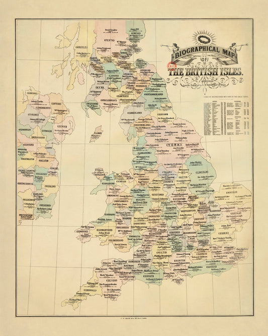 Biographical Map of the British Isles Map showing Authors, Poets, Statesmen, etc - Antique Reproduction - Britain Map - Available Framed
