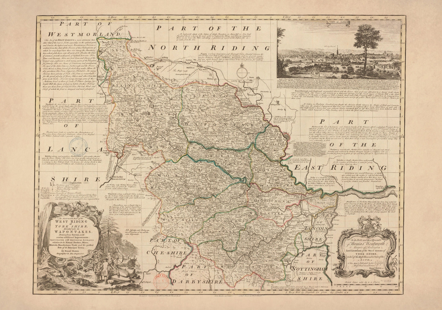 Yorkshire (West Riding) Map dated 1749 - Antique Reproduction - Emanuel Bowen - Detailed County Map - Available Framed