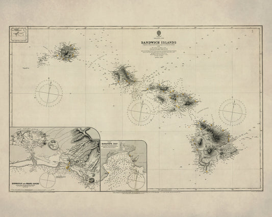 Hawaii Admiralty Map dated 1885 - Sandwich Islands - Antique Reproduction - Honolulu and Pearl Lochs - Hanapepe Bay - Available Framed